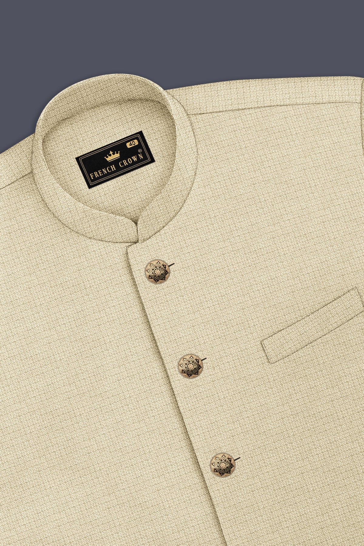 Alabaster-Vanilla Cream Diamond Textured Wool Rich Slight Stretch Cross Placket Bandhgala Suit