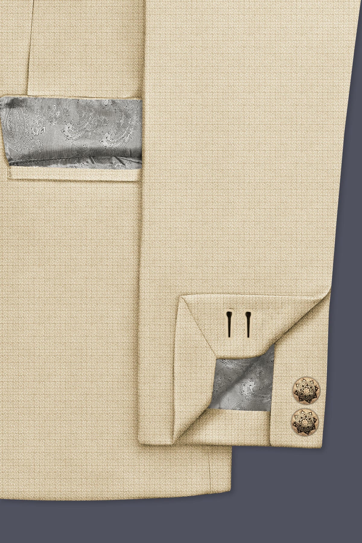 Alabaster-Vanilla Cream Diamond Textured Wool Rich Slight Stretch Cross Placket Bandhgala Suit