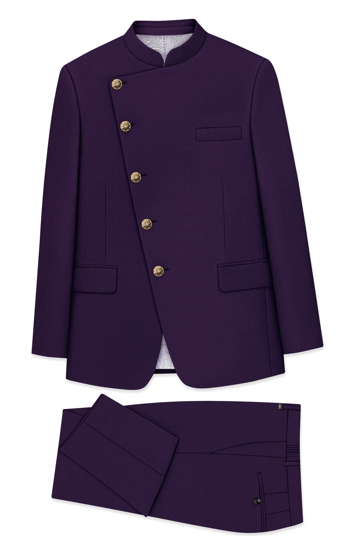 Mauve-Cedar Purple Diamond Textured Wool Rich Slight Stretch Cross Placket Bandhgala Suit