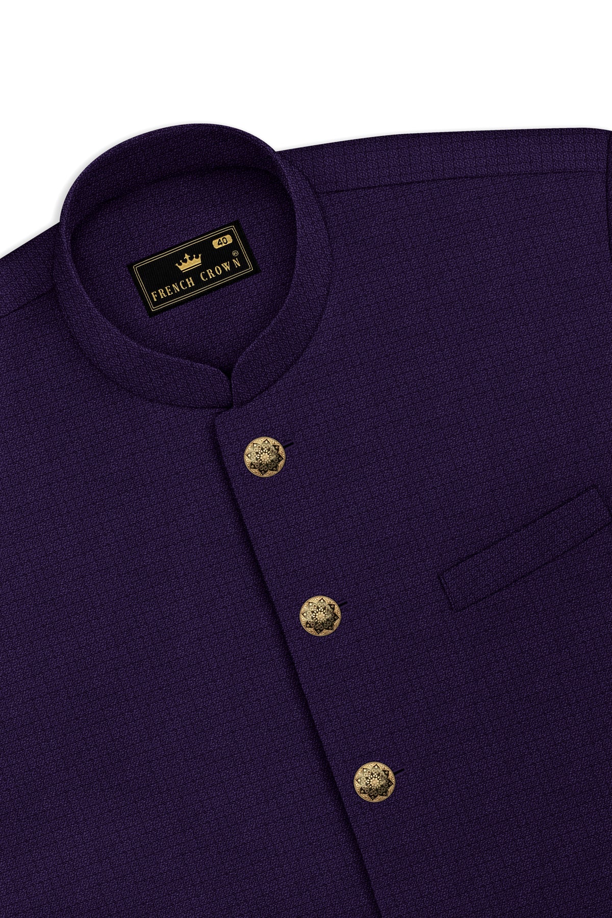Mauve-Cedar Purple Diamond Textured Wool Rich Slight Stretch Cross Placket Bandhgala Suit
