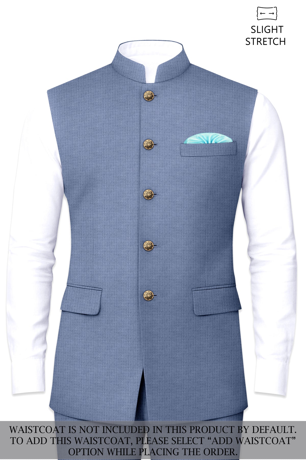 Sapphire-Raven Blue Diamond Textured Wool Rich Slight Stretch Cross Placket Bandhgala Suit