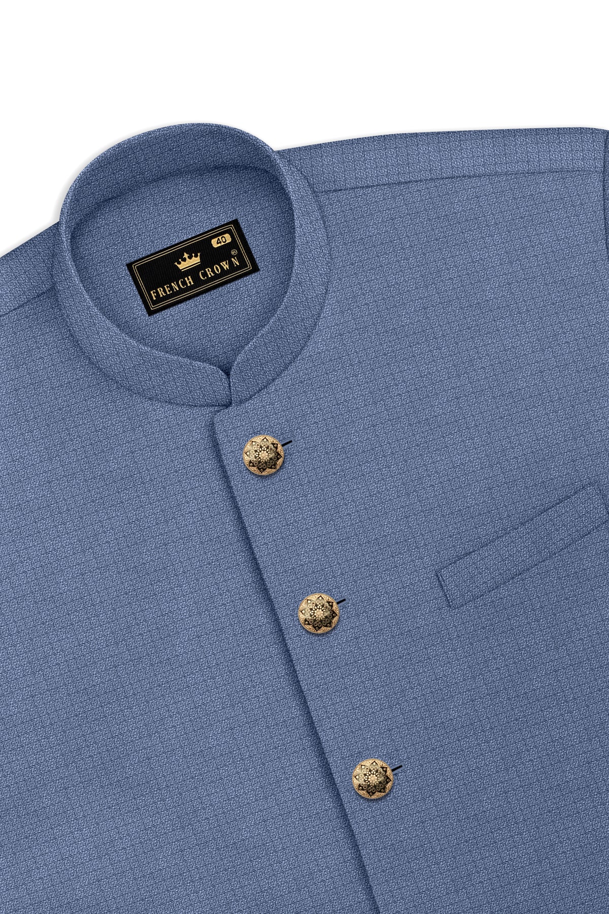 Sapphire-Raven Blue Diamond Textured Wool Rich Slight Stretch Cross Placket Bandhgala Suit