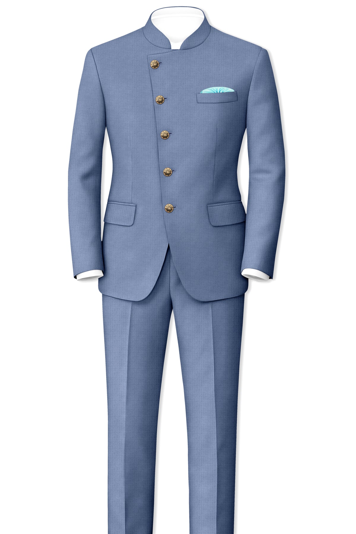 Sapphire-Raven Blue Diamond Textured Wool Rich Slight Stretch Cross Placket Bandhgala Suit