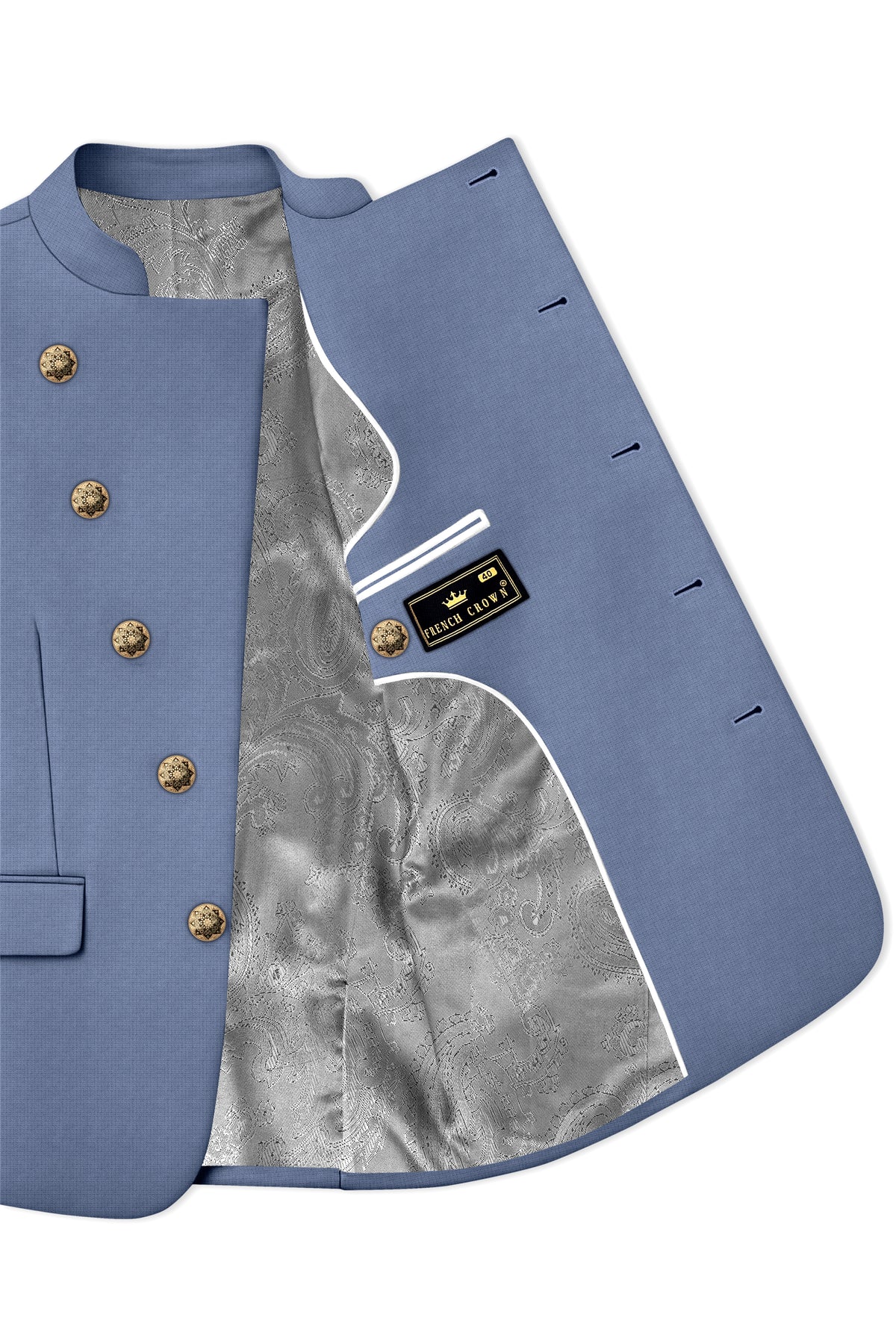 Sapphire-Raven Blue Diamond Textured Wool Rich Slight Stretch Cross Placket Bandhgala Suit