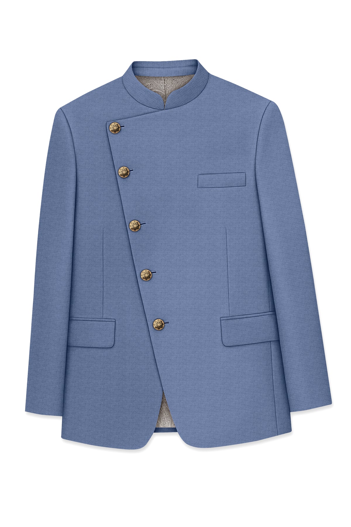 Sapphire-Raven Blue Diamond Textured Wool Rich Slight Stretch Cross Placket Bandhgala Suit