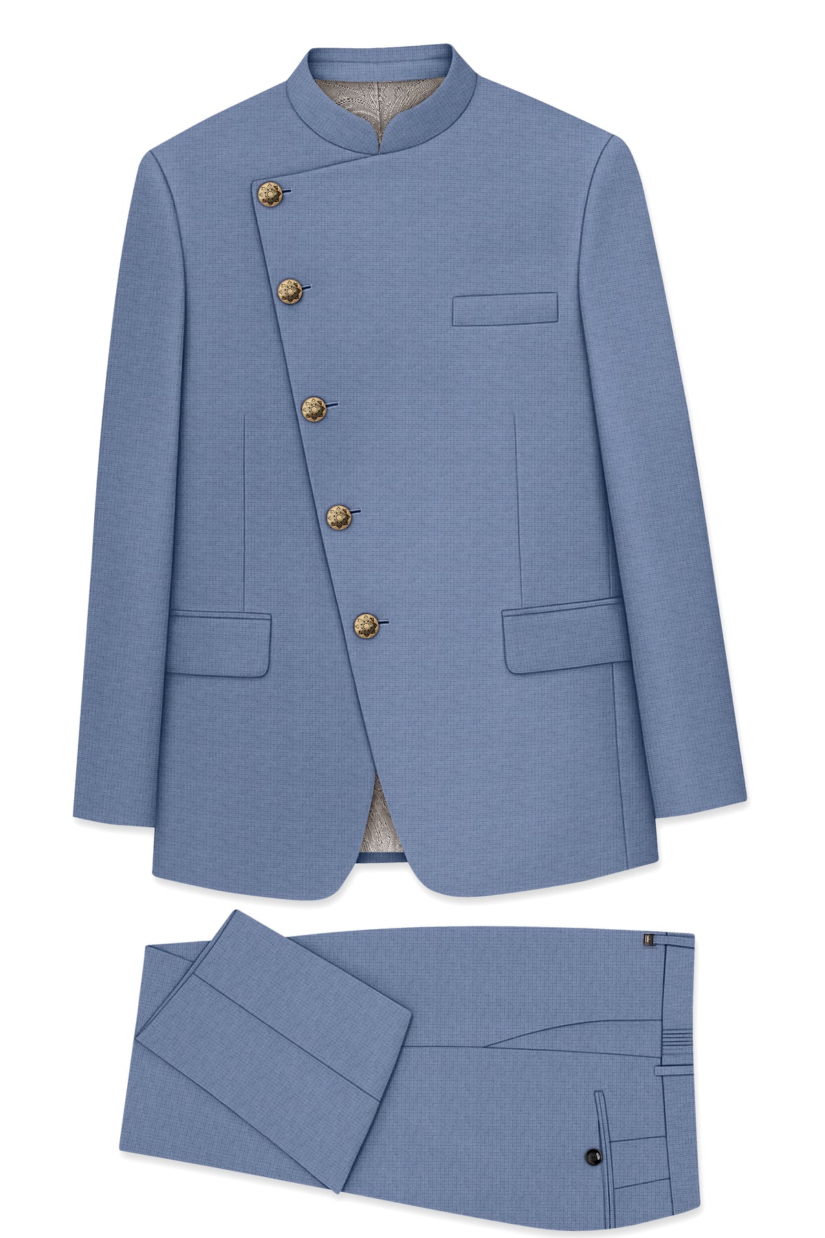 Sapphire-Raven Blue Diamond Textured Wool Rich Slight Stretch Cross Placket Bandhgala Suit