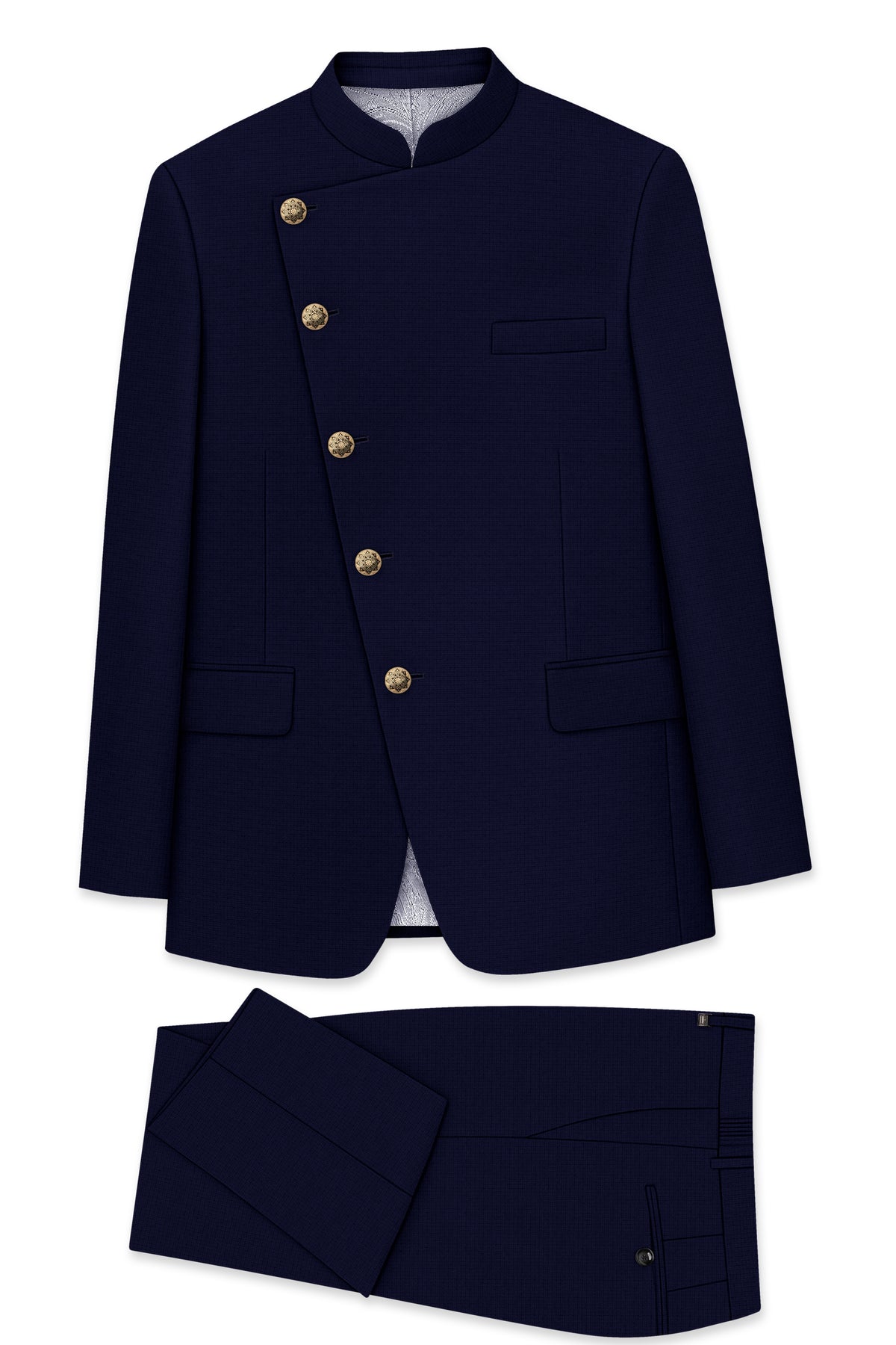 Sapphire-Haiti Blue Diamond Textured Wool Rich Slight Stretch Cross Placket Bandhgala Suit