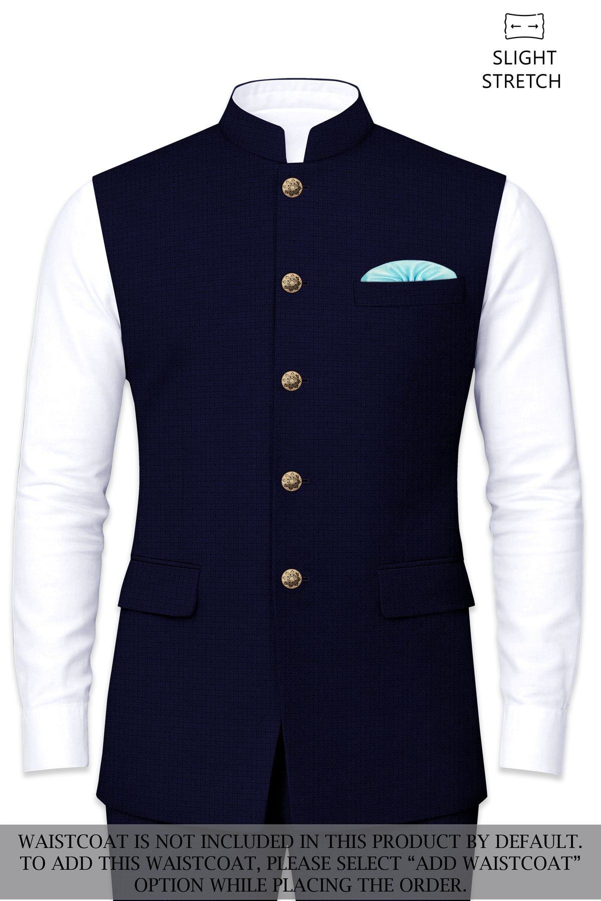 Sapphire-Haiti Blue Diamond Textured Wool Rich Slight Stretch Cross Placket Bandhgala Suit