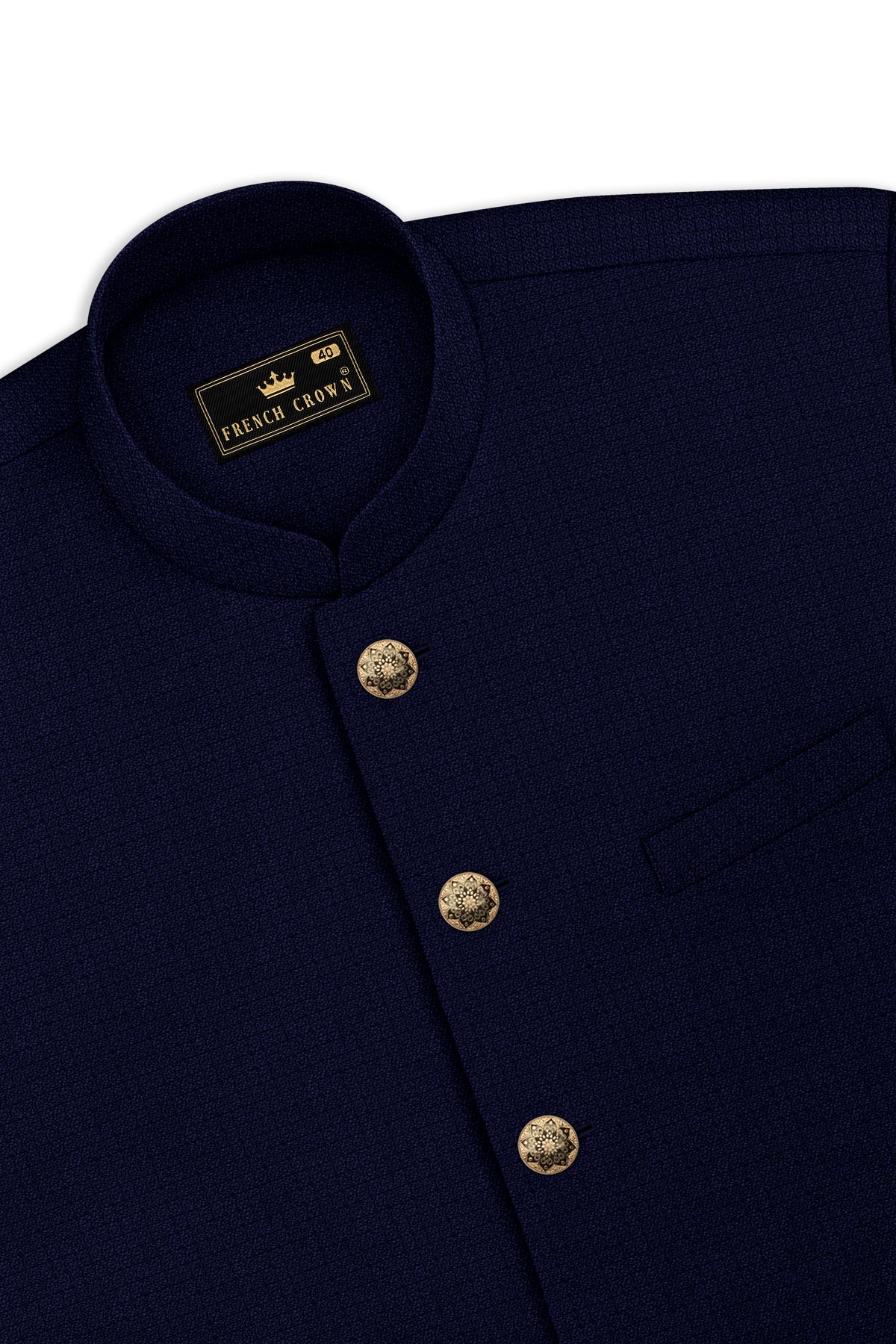 Sapphire-Haiti Blue Diamond Textured Wool Rich Slight Stretch Cross Placket Bandhgala Suit