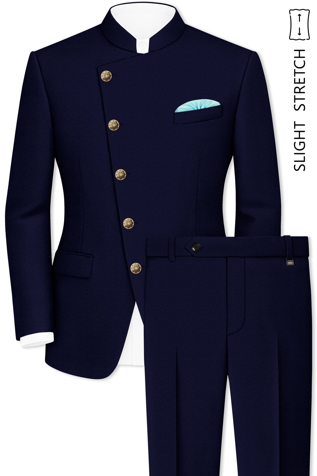Sapphire-Haiti Blue Diamond Textured Wool Rich Slight Stretch Cross Placket Bandhgala Suit