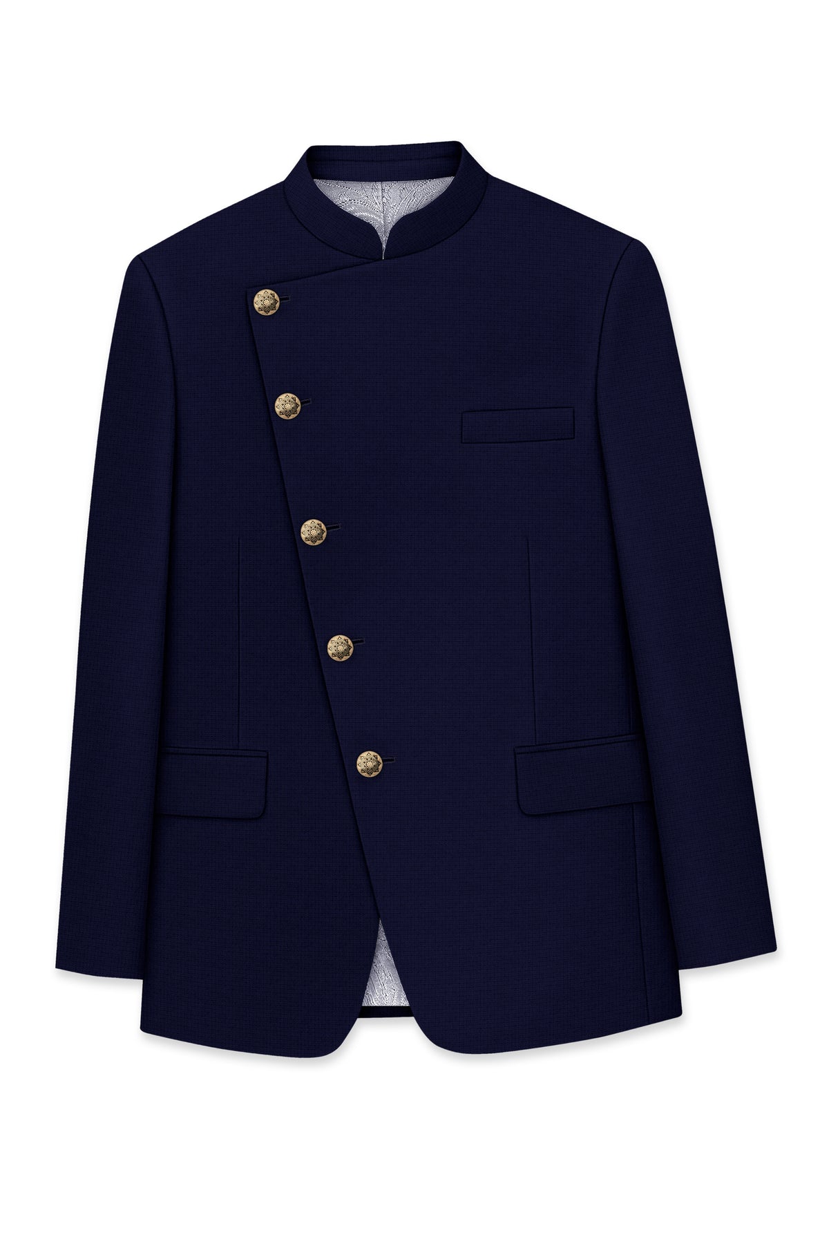 Sapphire-Haiti Blue Diamond Textured Wool Rich Slight Stretch Cross Placket Bandhgala Suit