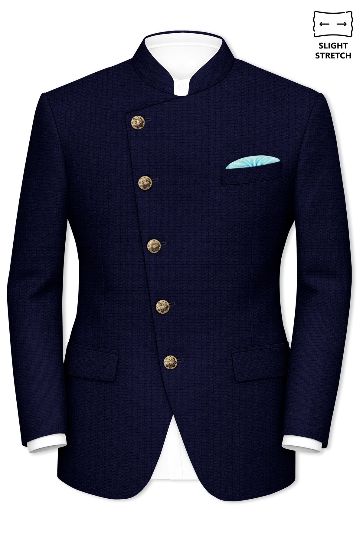 Sapphire-Haiti Blue Diamond Textured Wool Rich Slight Stretch Cross Placket Bandhgala Suit