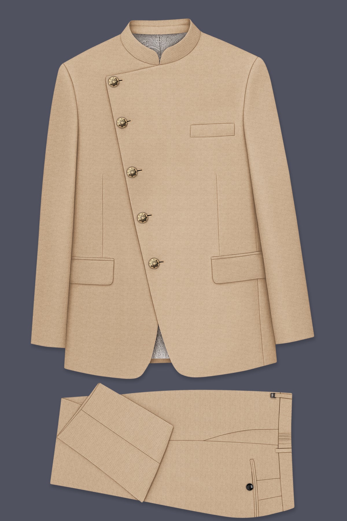 Mahogany-Pavlova Brown Diamond Textured Wool Rich Slight Stretch Cross Placket Bandhgala Suit