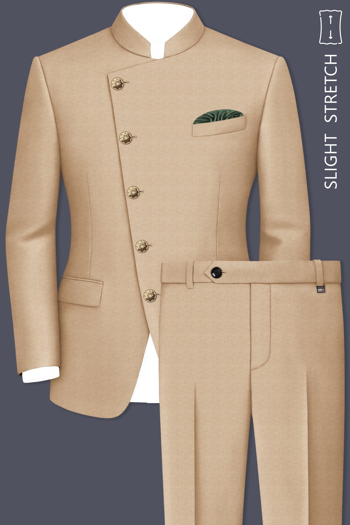 Mahogany-Pavlova Brown Diamond Textured Wool Rich Slight Stretch Cross Placket Bandhgala Suit