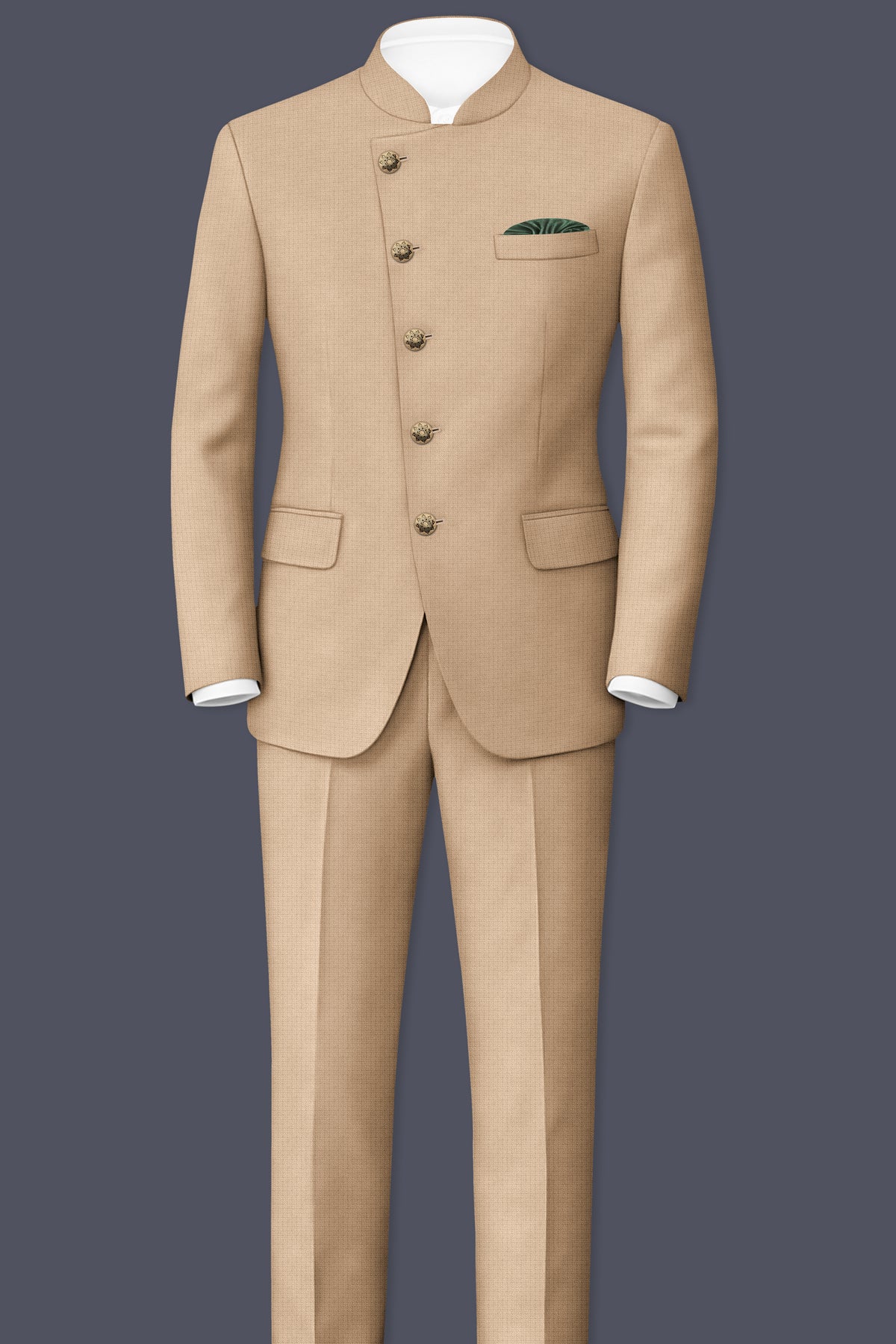 Mahogany-Pavlova Brown Diamond Textured Wool Rich Slight Stretch Cross Placket Bandhgala Suit