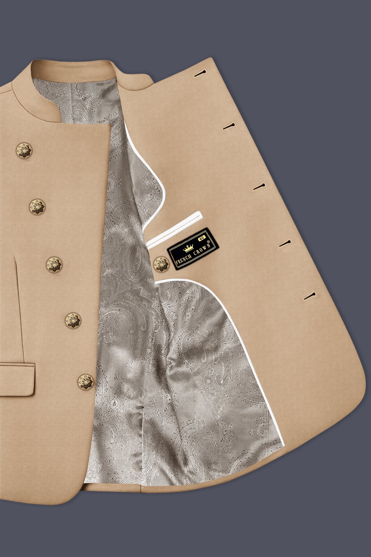 Mahogany-Pavlova Brown Diamond Textured Wool Rich Slight Stretch Cross Placket Bandhgala Suit