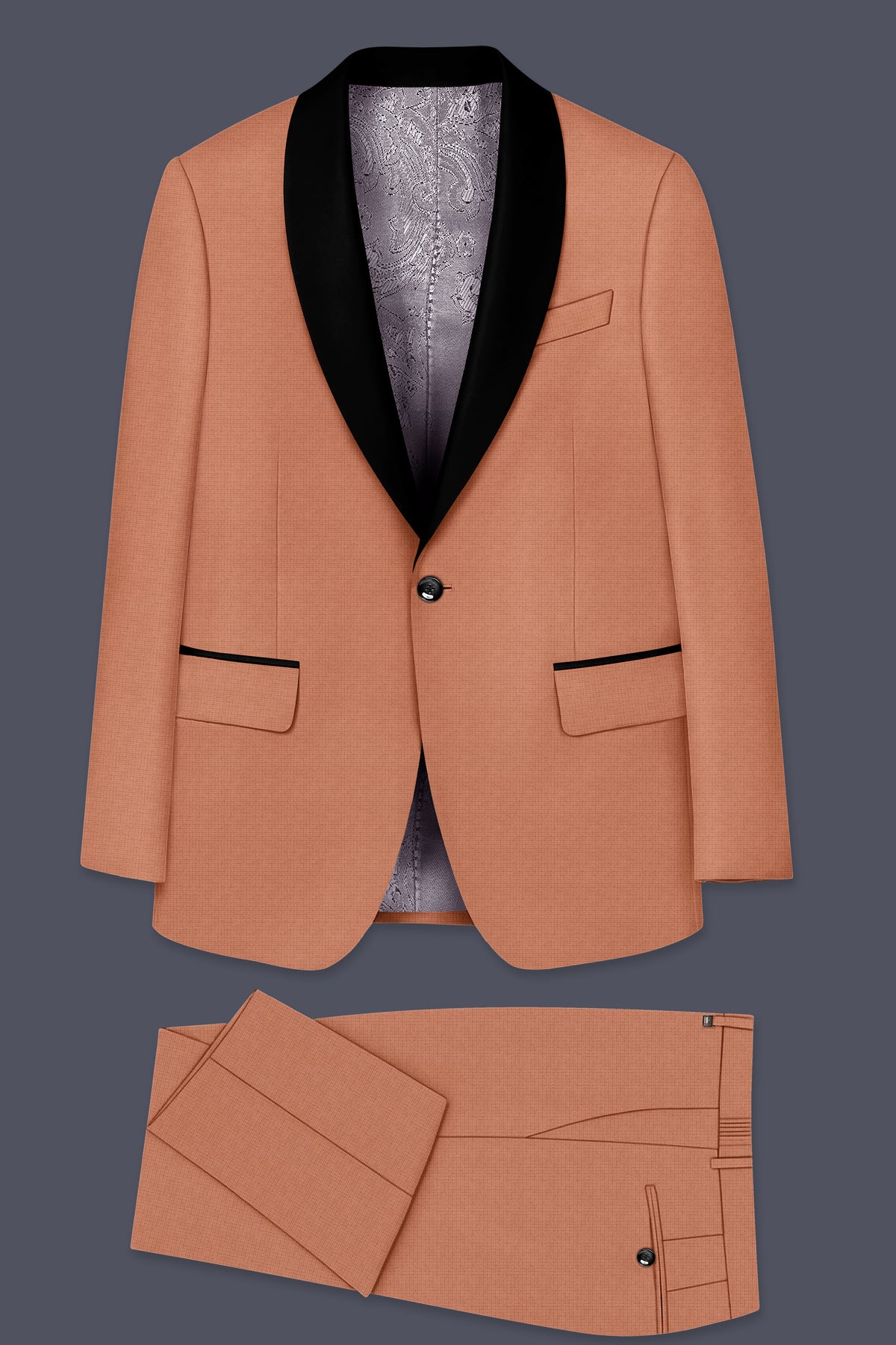 Terracotta-Salmon Brown Diamond Textured Wool Rich Slight Stretch Tuxedo Suit