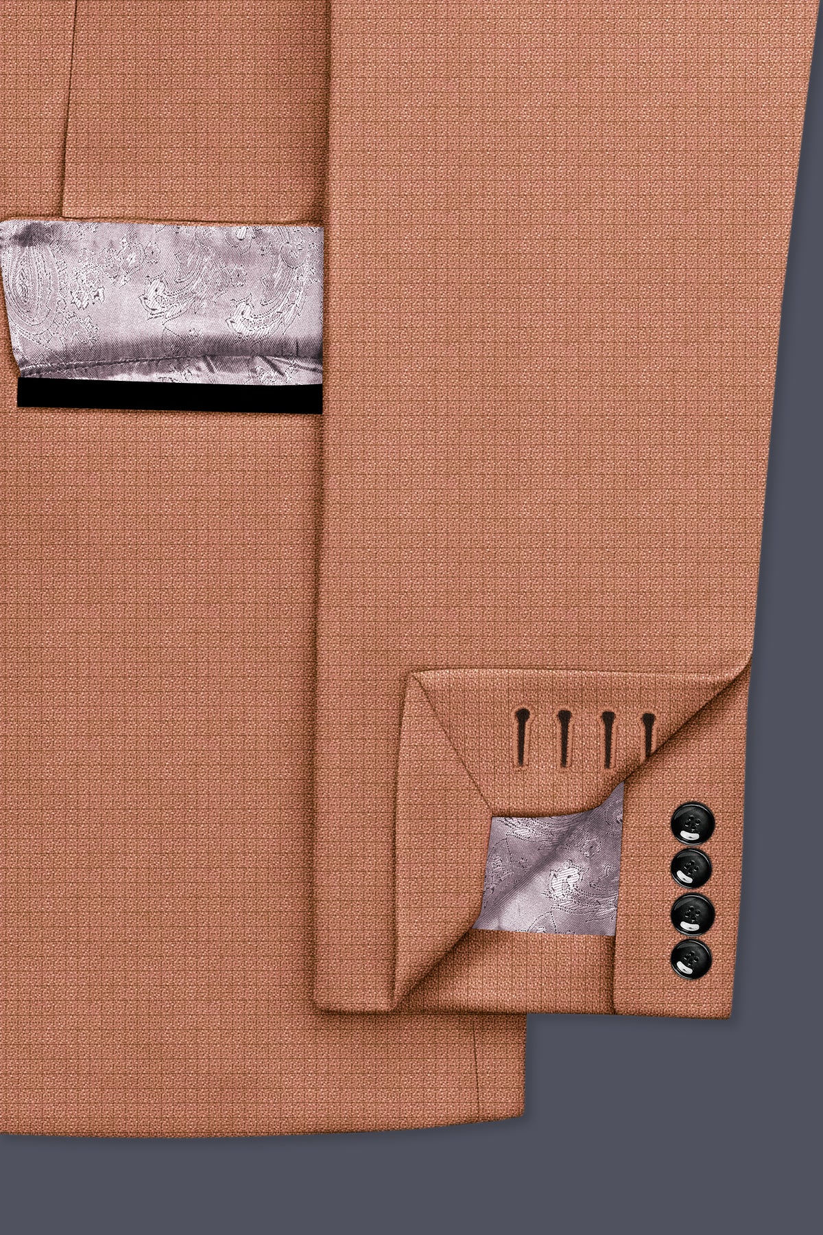 Terracotta-Salmon Brown Diamond Textured Wool Rich Slight Stretch Tuxedo Suit