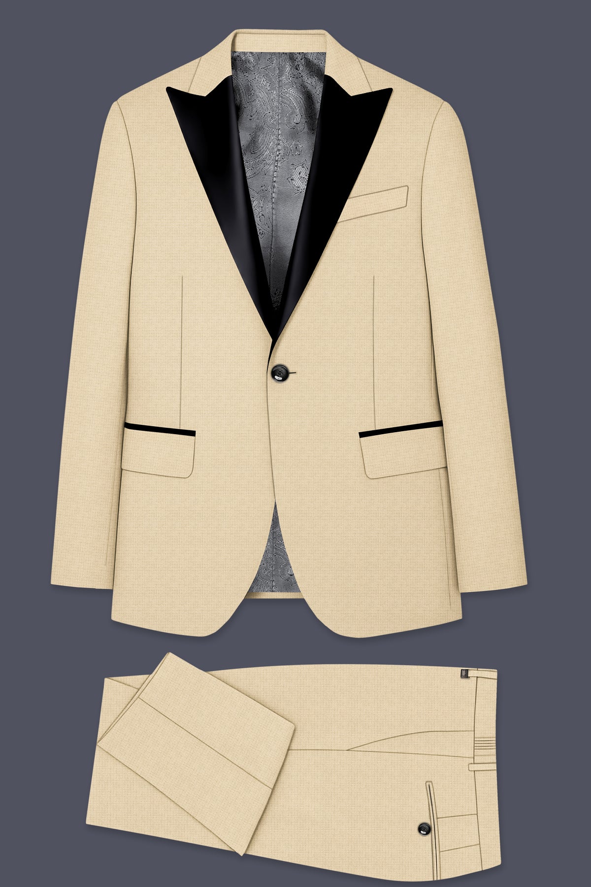 Alabaster-Vanilla Cream Diamond Textured Wool Rich Slight Stretch Peak Lapel Tuxedo Suit