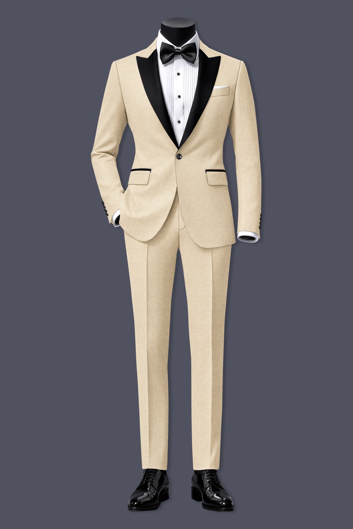 Alabaster-Vanilla Cream Diamond Textured Wool Rich Slight Stretch Peak Lapel Tuxedo Suit