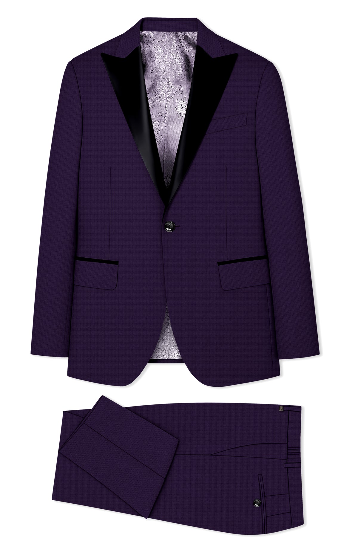 Mauve-Cedar Purple Diamond Textured Wool Rich Slight Stretch Peak Lapel Tuxedo Suit