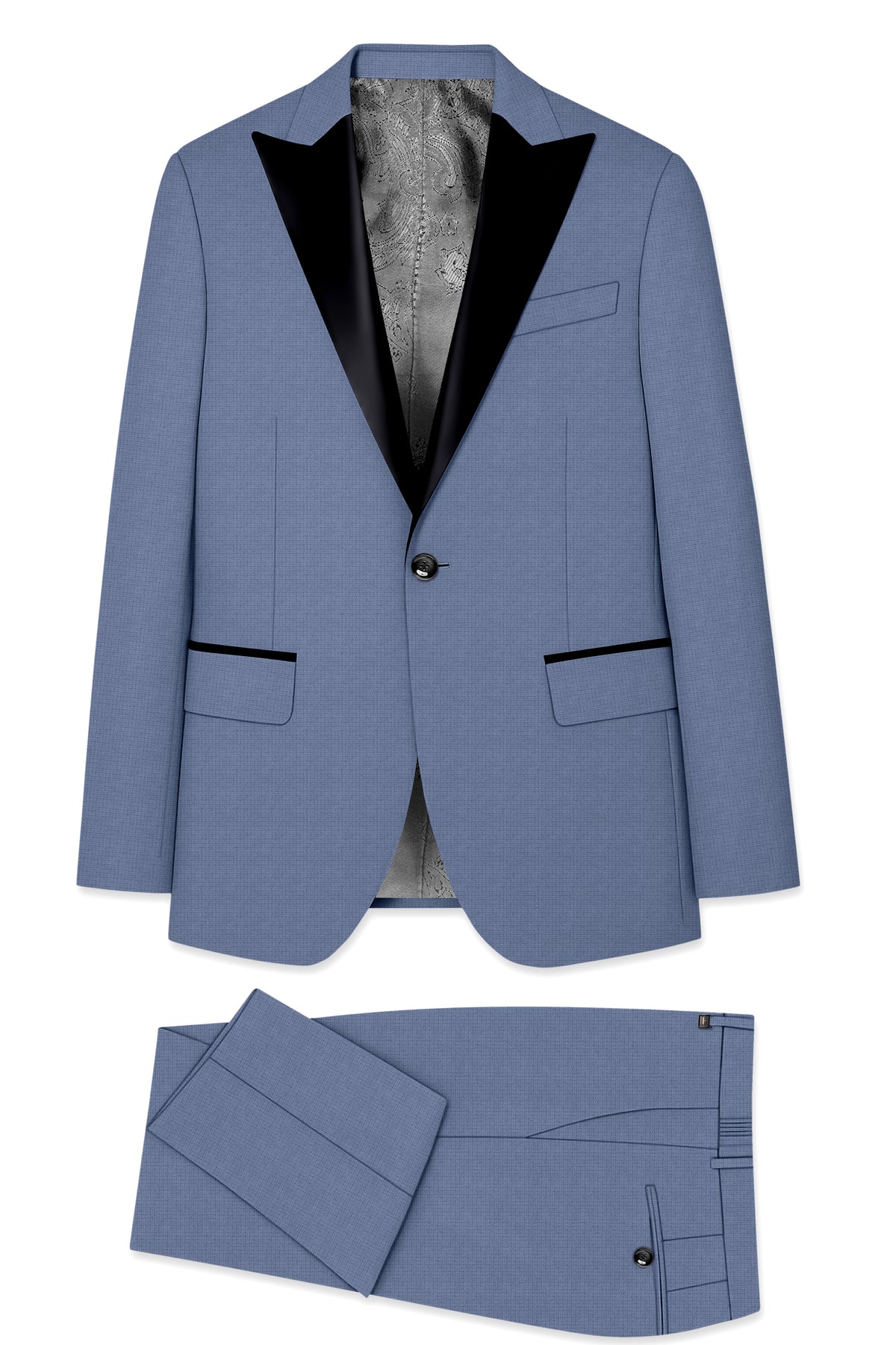 Sapphire-Raven Blue Diamond Textured Wool Rich Slight Stretch Peak Lapel Tuxedo Suit