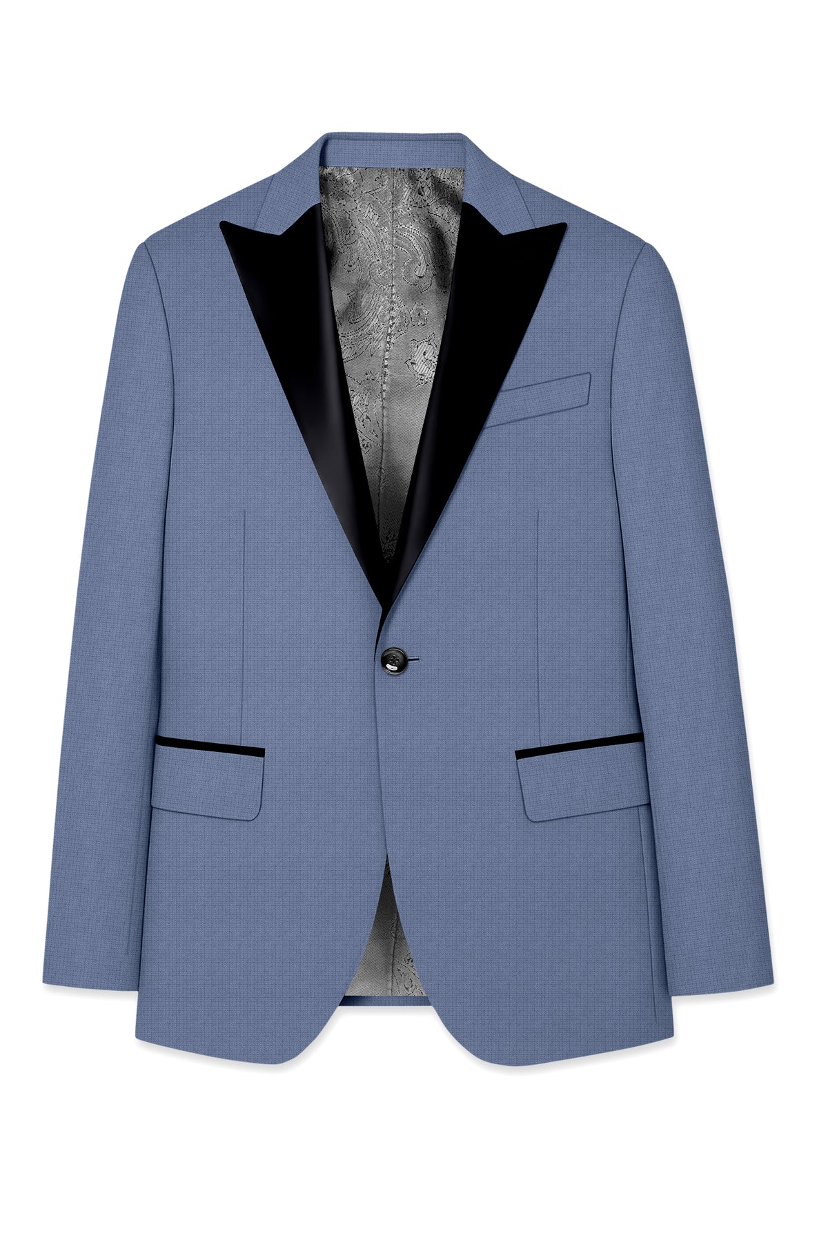 Sapphire-Raven Blue Diamond Textured Wool Rich Slight Stretch Peak Lapel Tuxedo Suit