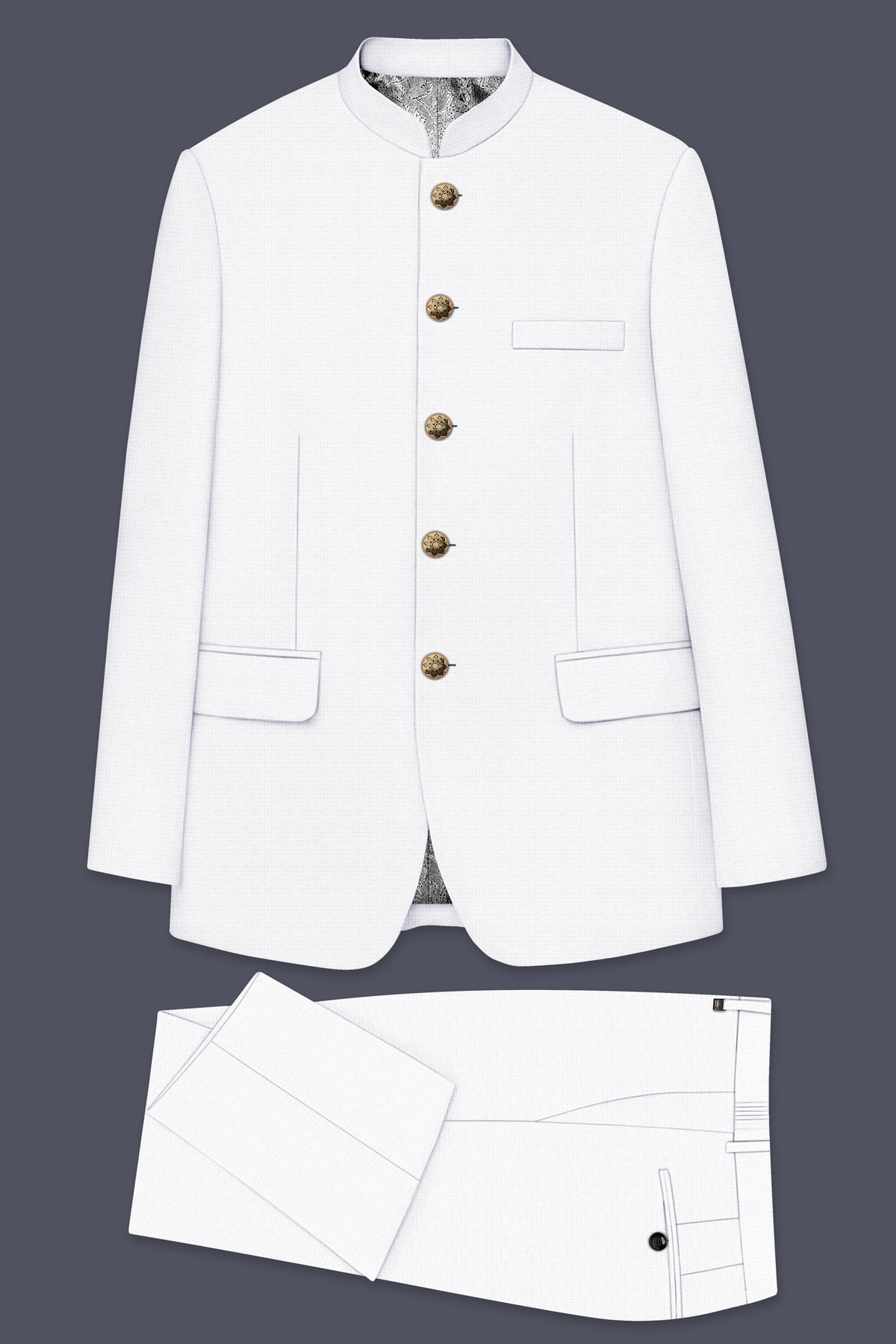 Porcelain-Bright White Diamond Textured Wool Rich Slight Stretch Bandhgala Suit