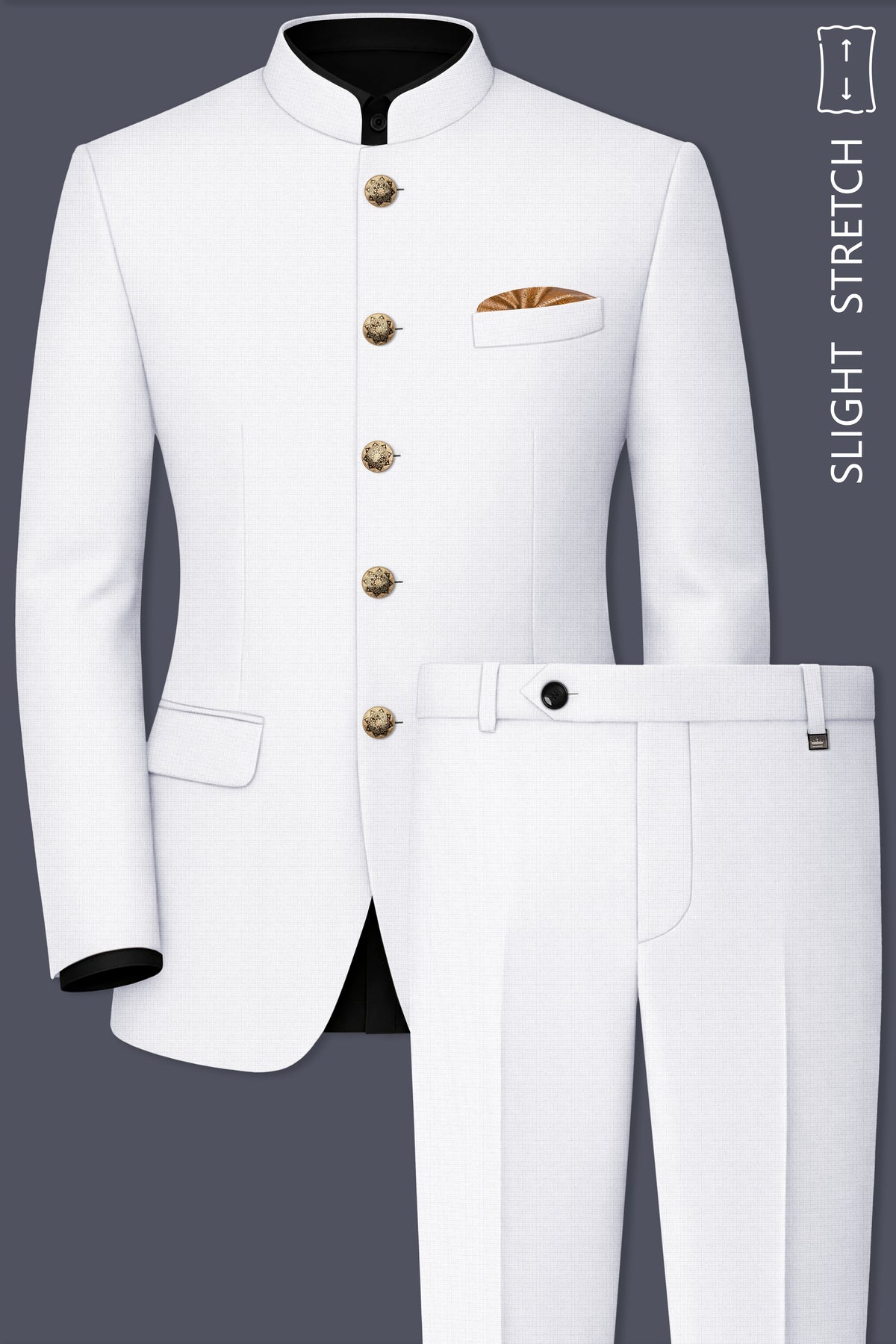 Porcelain-Bright White Diamond Textured Wool Rich Slight Stretch Bandhgala Suit