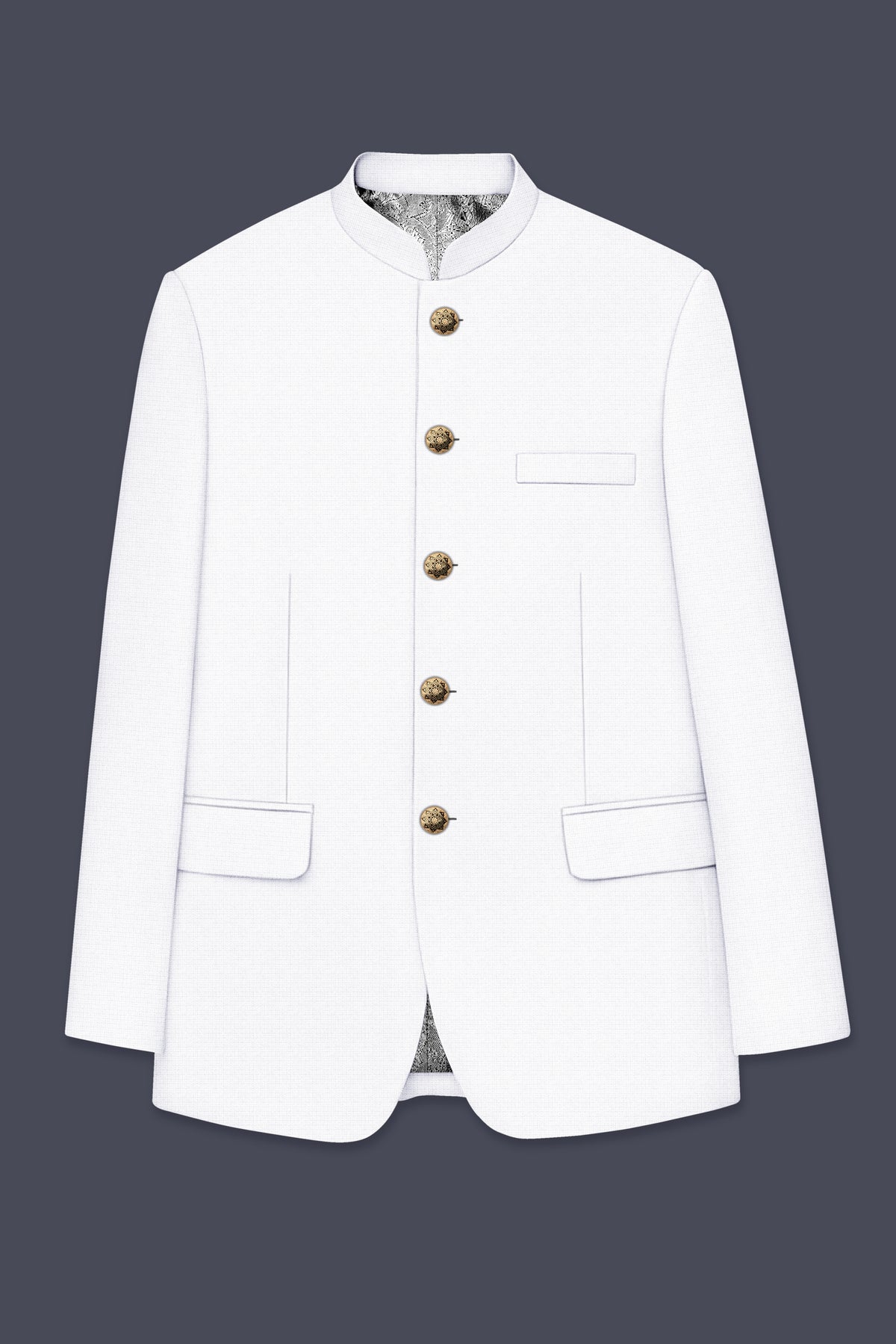 Porcelain-Bright White Diamond Textured Wool Rich Slight Stretch Bandhgala Suit