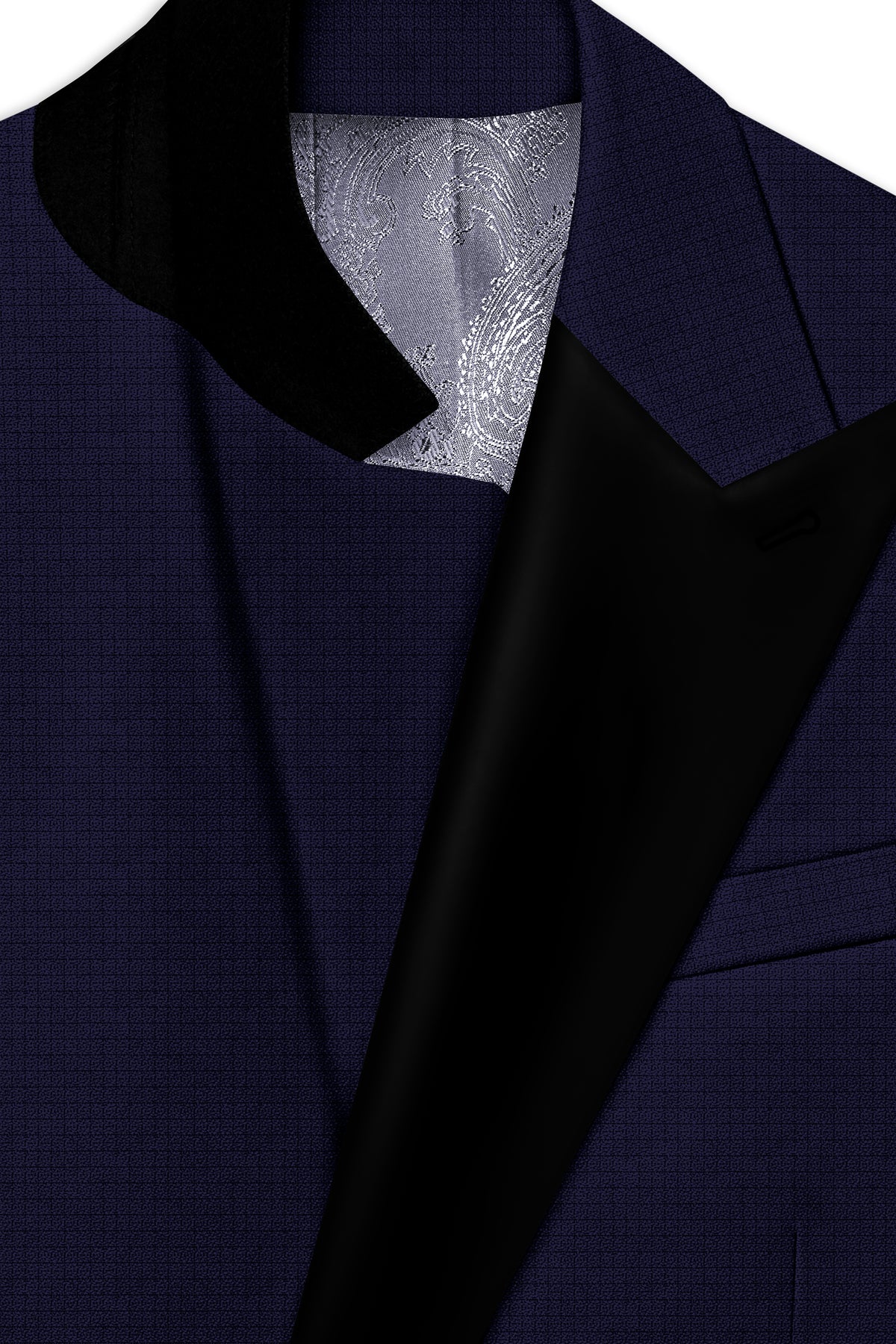 Sapphire-Haiti Blue Diamond Textured Wool Rich Slight Stretch Peak Lapel Tuxedo Suit