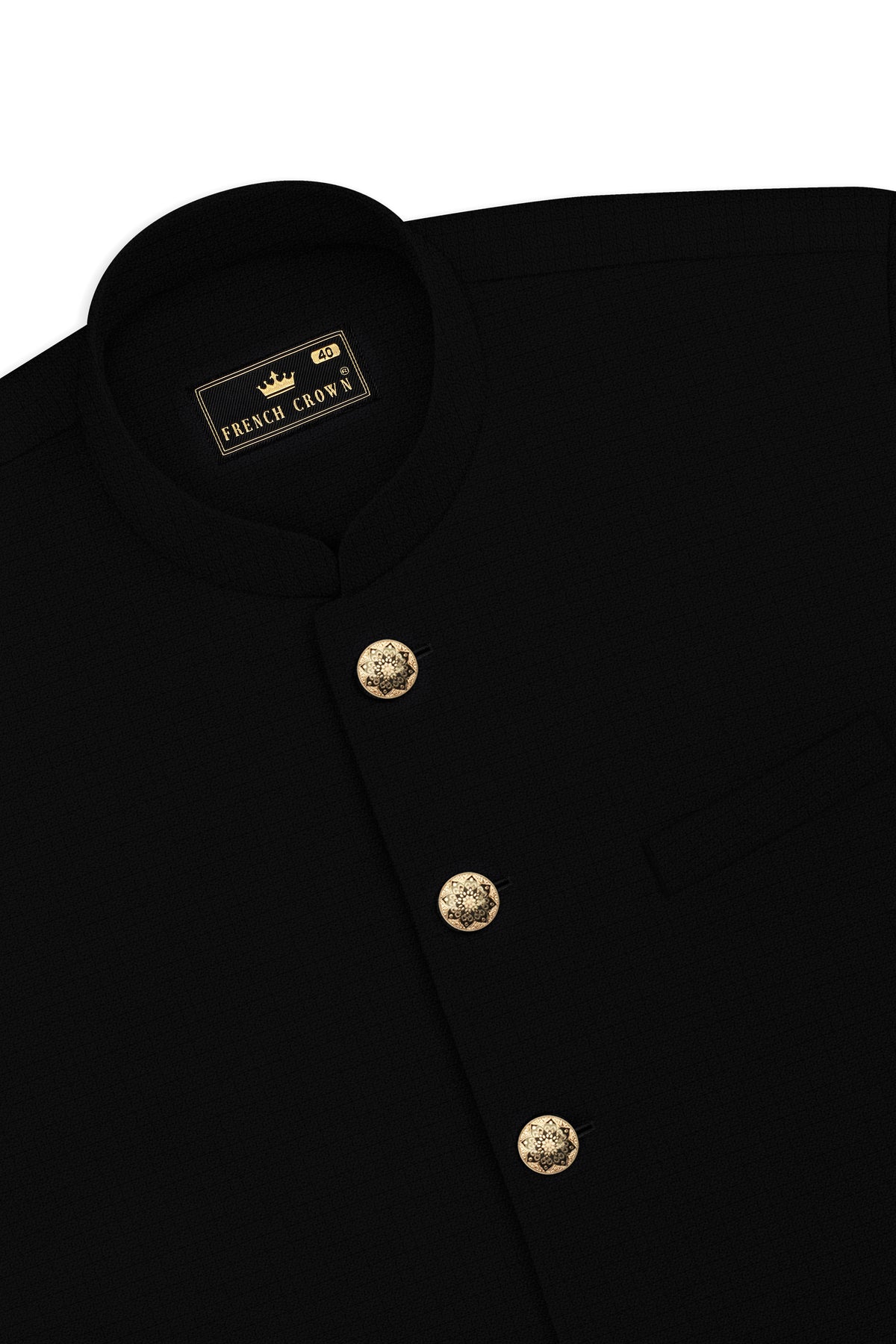 Obsidian-Jade Black Diamond Textured Wool Rich Slight Stretch Bandhgala Suit