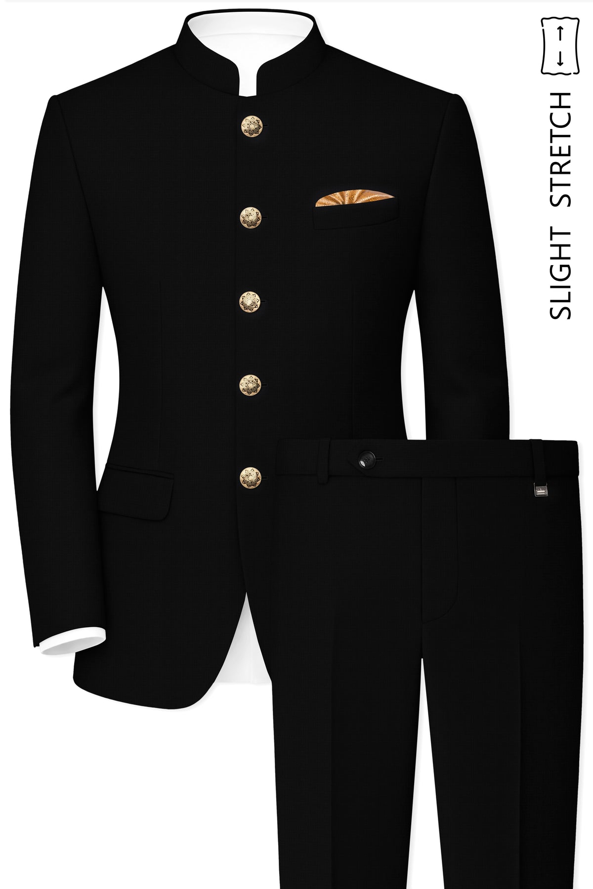Obsidian-Jade Black Diamond Textured Wool Rich Slight Stretch Bandhgala Suit