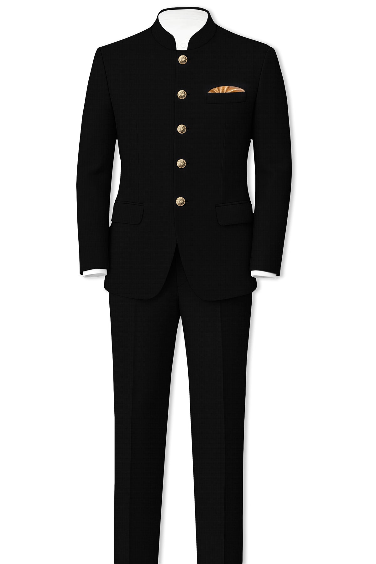 Obsidian-Jade Black Diamond Textured Wool Rich Slight Stretch Bandhgala Suit