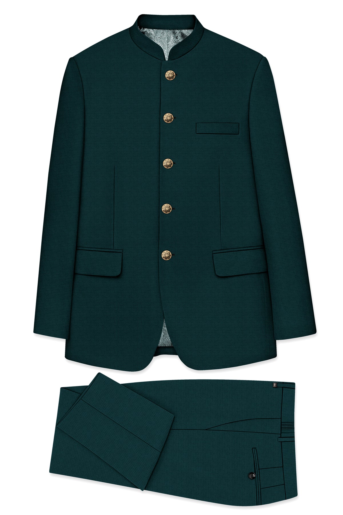 Facet-Dianne Green Diamond Textured Wool Rich Slight Stretch Bandhgala Suit