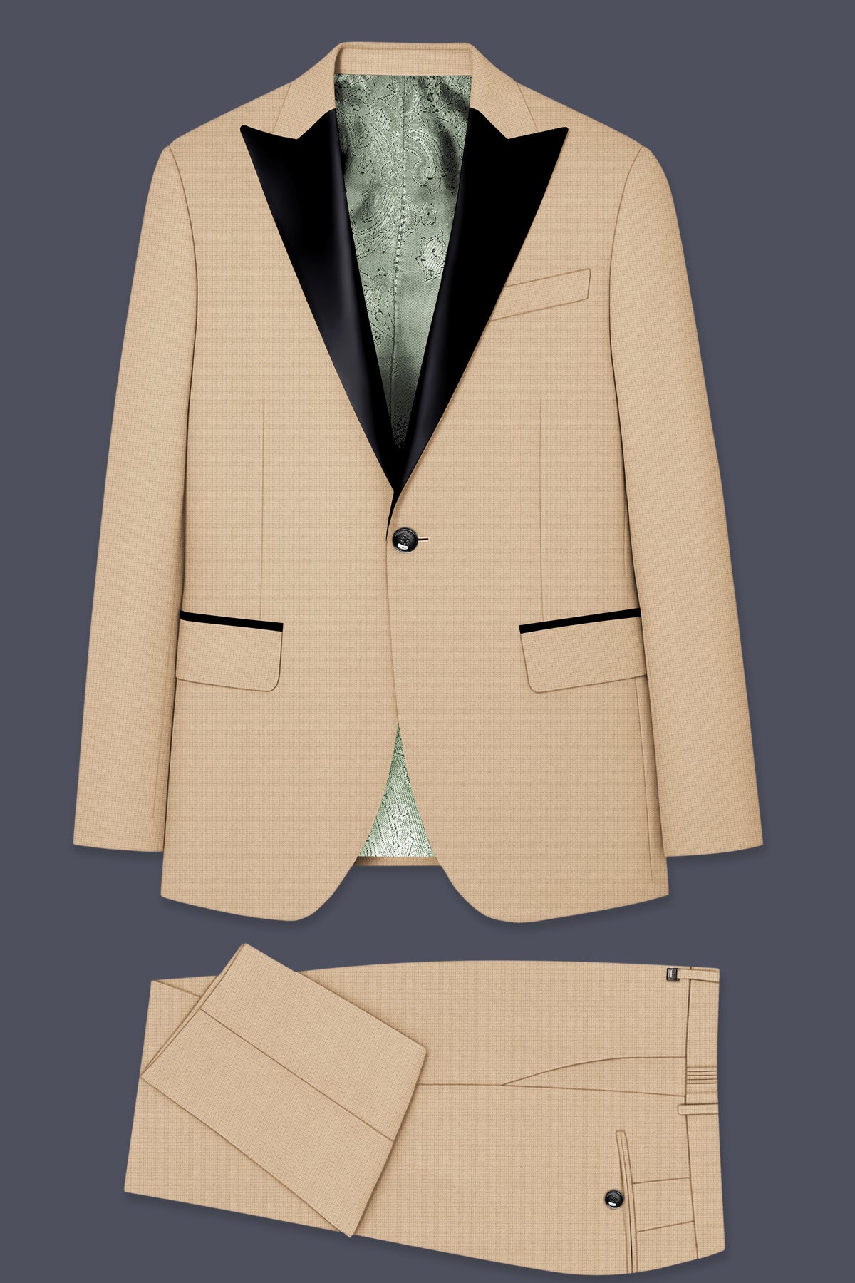 Mahogany-Pavlova Brown Diamond Textured Wool Rich Slight Stretch Peak Lapel Tuxedo Suit