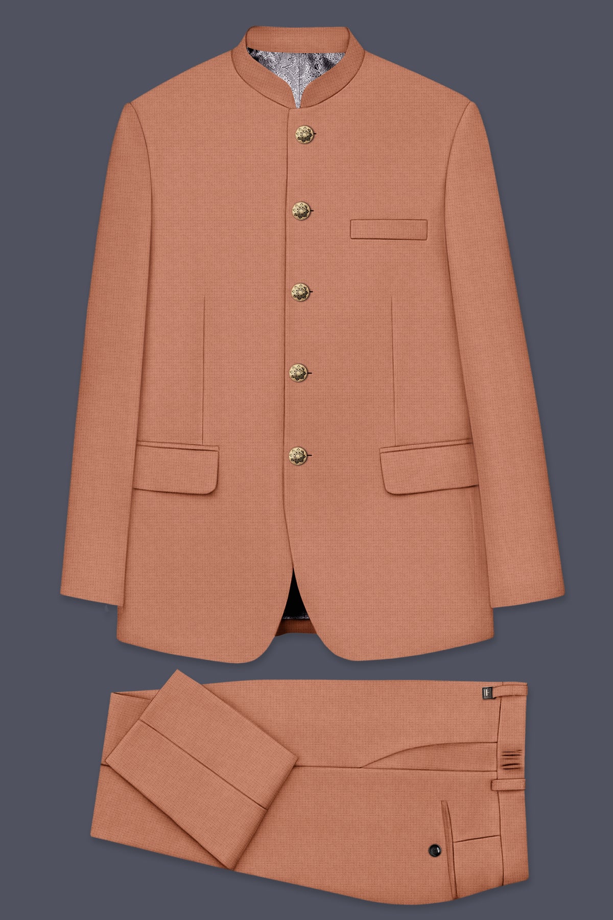 Terracotta-Salmon Brown Diamond Textured Wool Rich Slight Stretch Bandhgala Suit