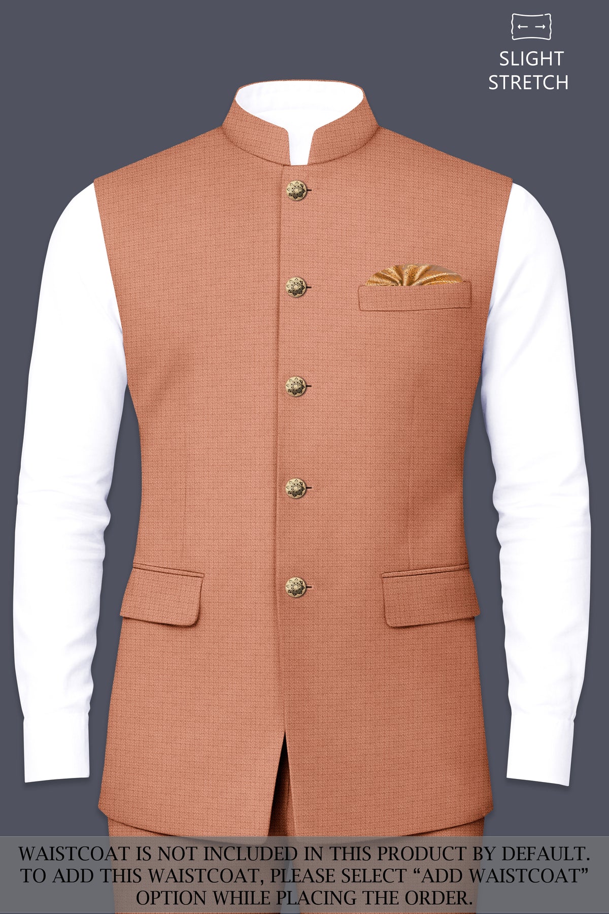 Terracotta-Salmon Brown Diamond Textured Wool Rich Slight Stretch Bandhgala Suit