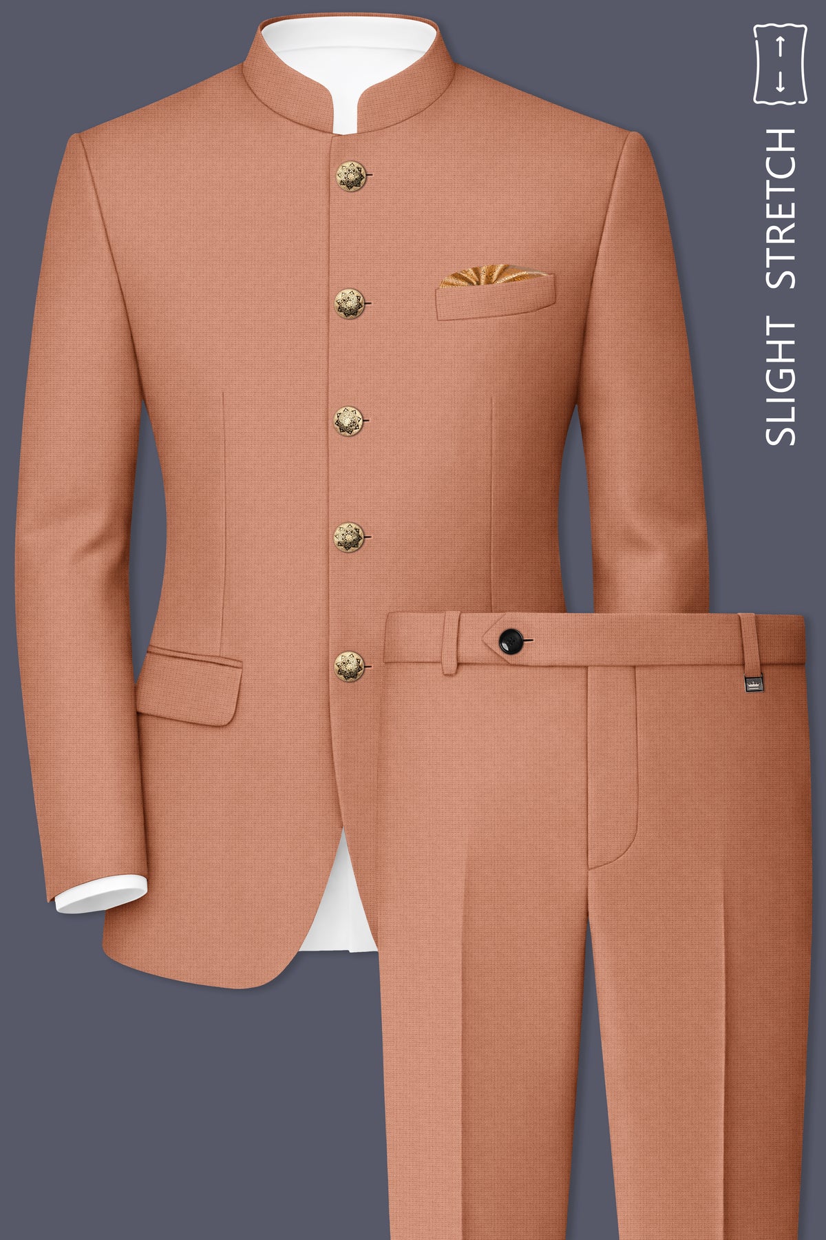 Terracotta-Salmon Brown Diamond Textured Wool Rich Slight Stretch Bandhgala Suit