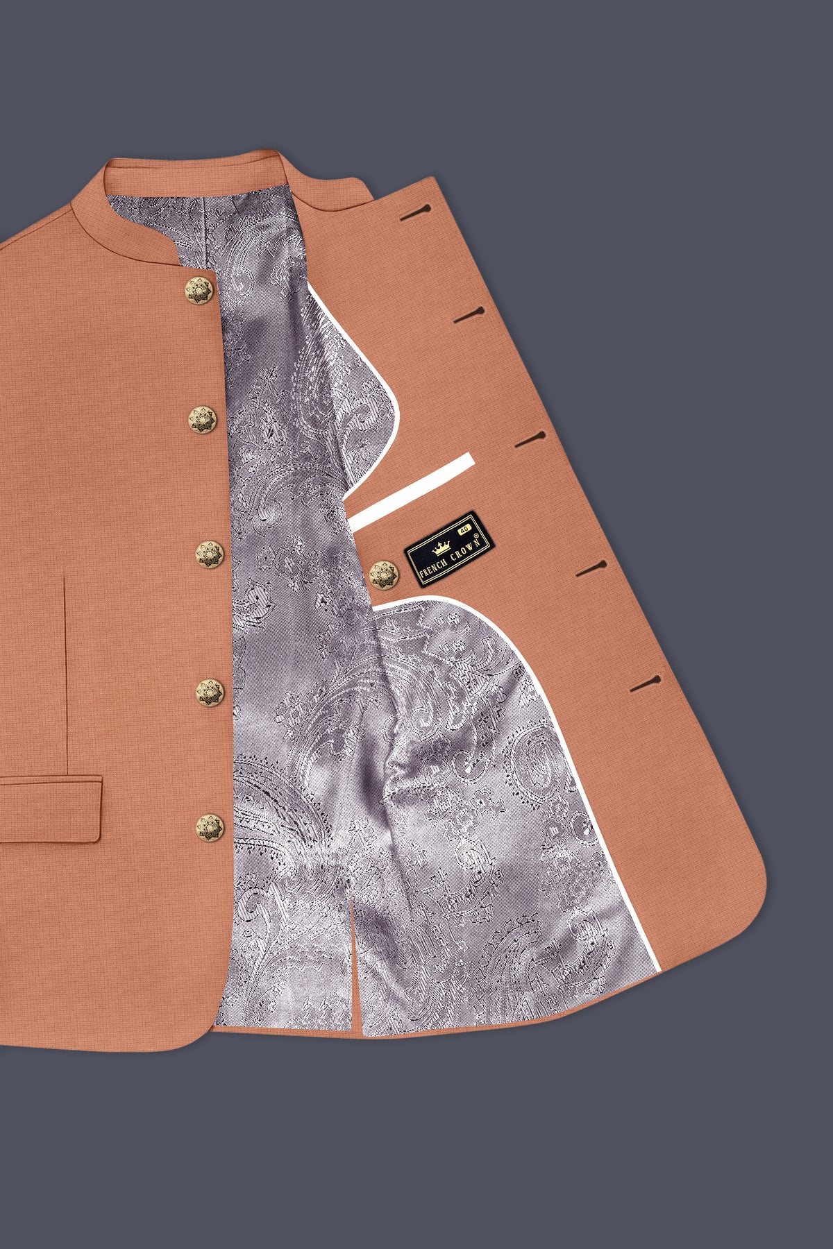 Terracotta-Salmon Brown Diamond Textured Wool Rich Slight Stretch Bandhgala Suit