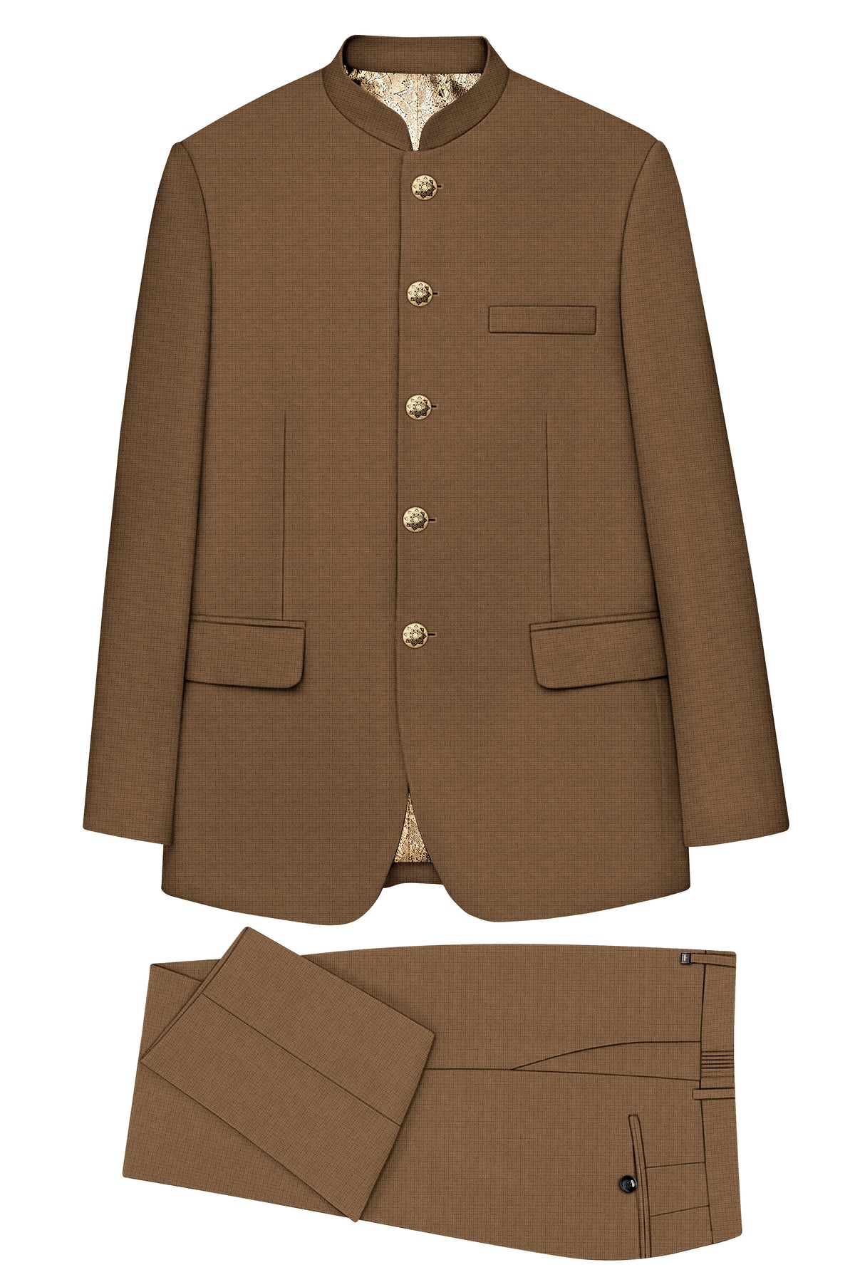 Cordovan-Mondo Brown Diamond Textured Wool Rich Slight Stretch Bandhgala Suit