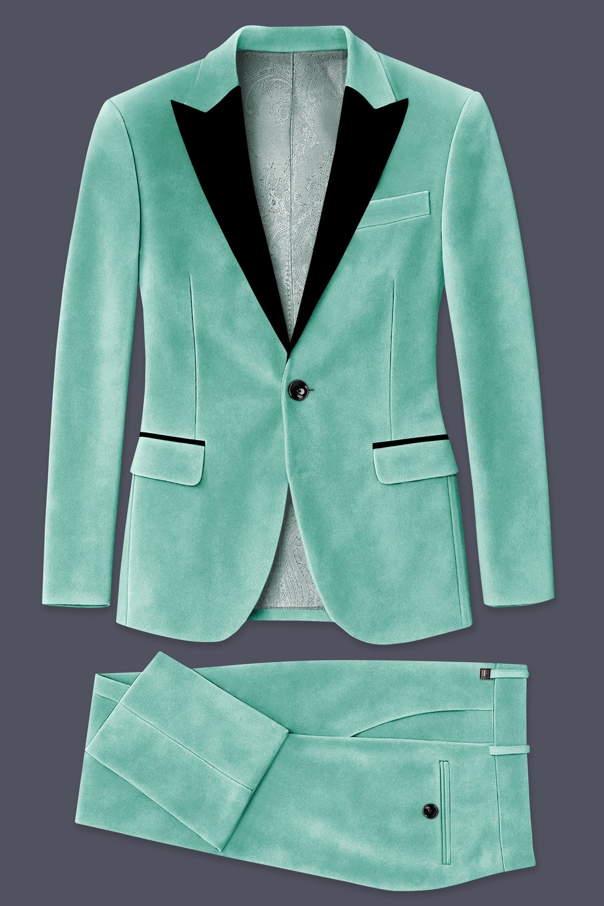 Sapphire-Cyan Blue Velvet Peak Lapel Tuxedo Suit