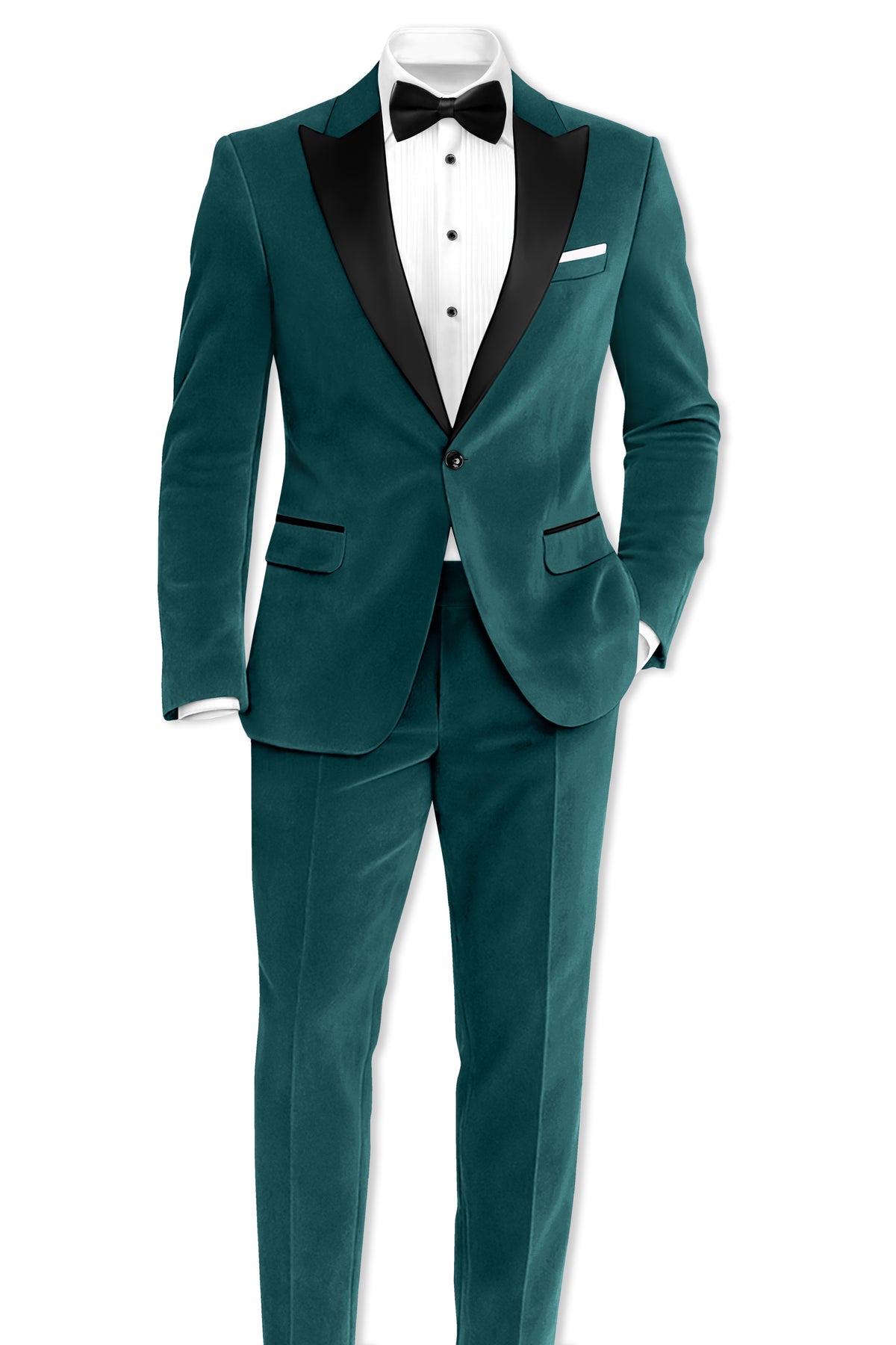 Verdant-Teal Green Velvet Peak Lapel Tuxedo Suit