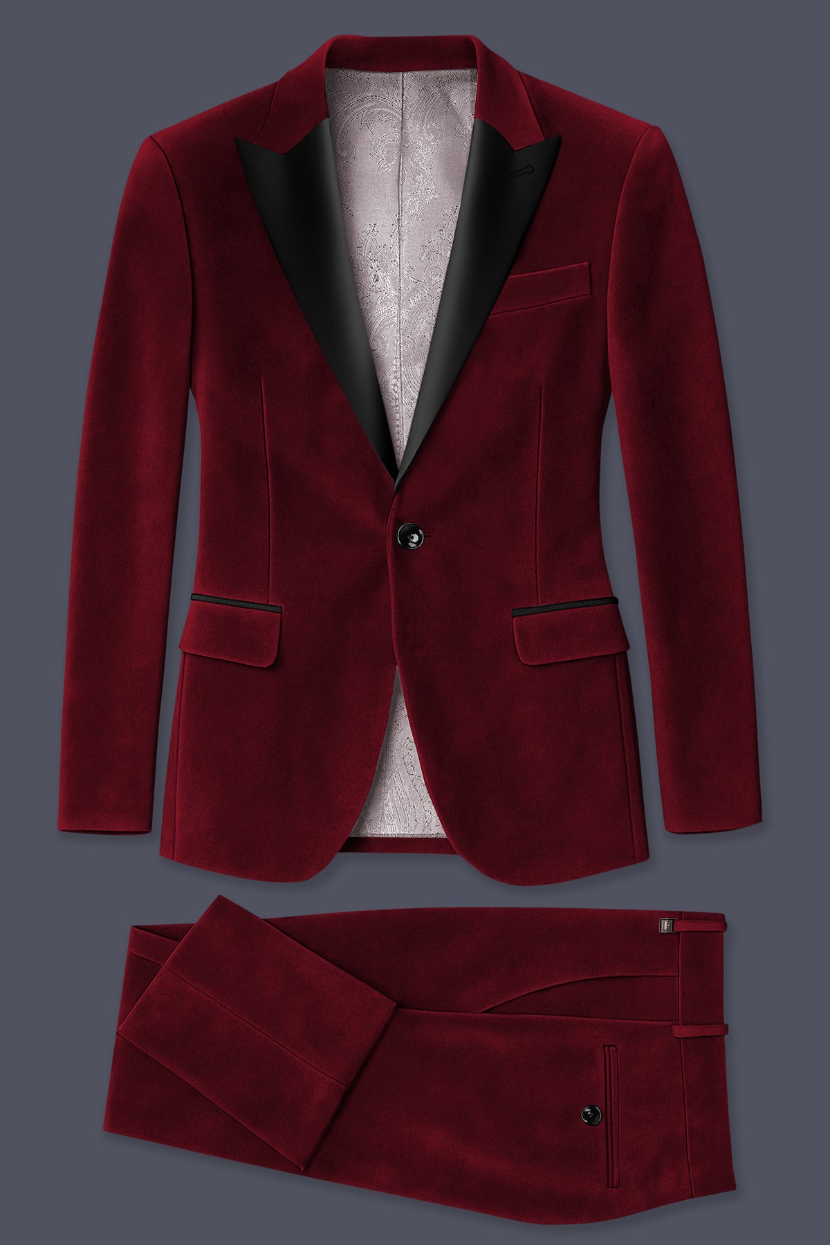 Aurelio-Aubergine Red Velvet Peak Lapel Tuxedo Suit