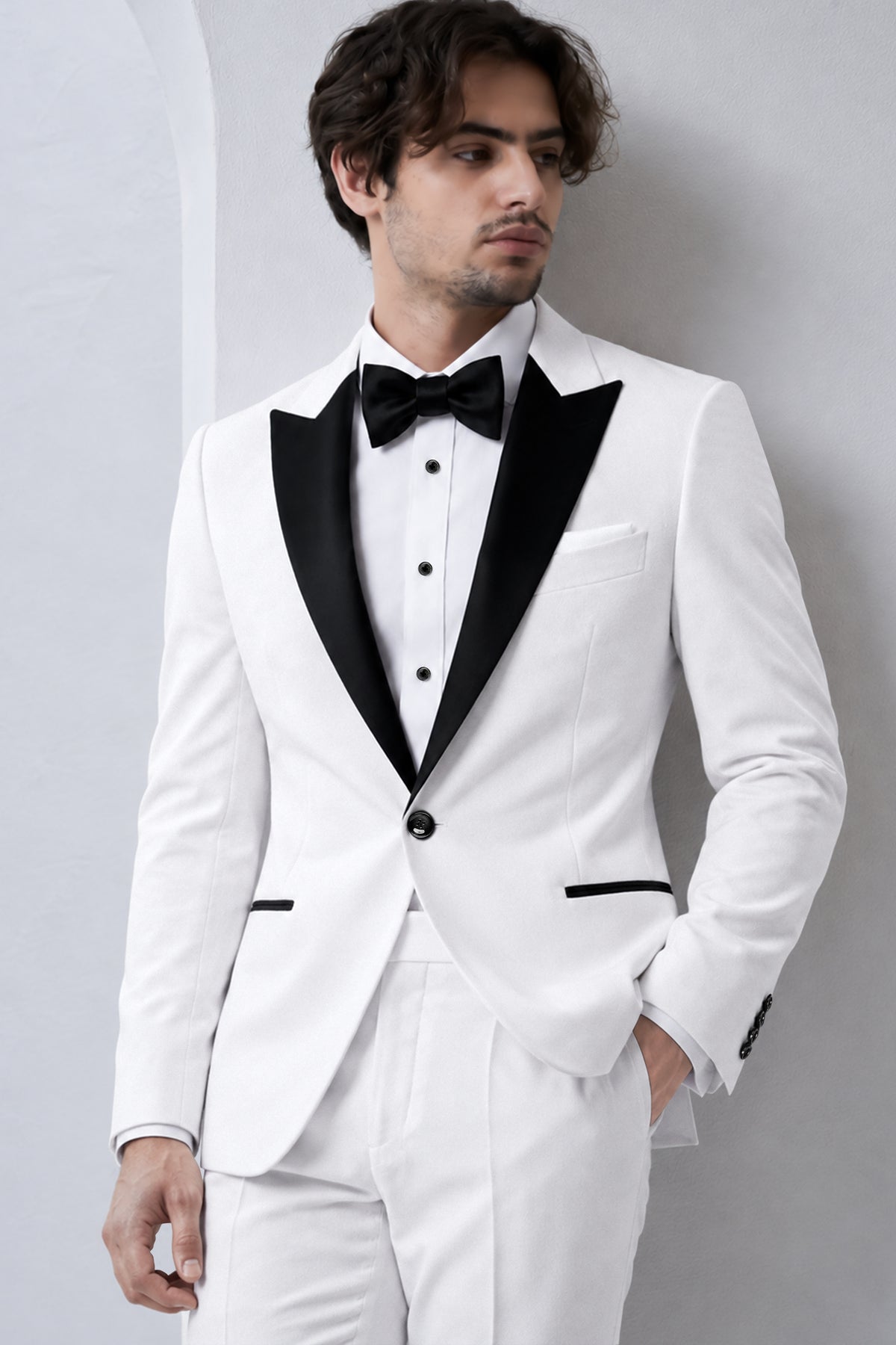 Alabaster-Bright White Velvet Peak Lapel Tuxedo Suit