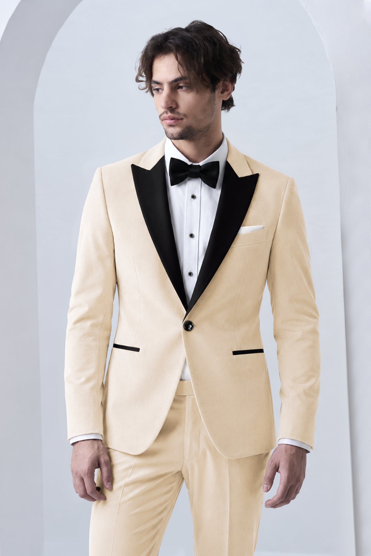 Opaline-Off White Velvet Peak Lapel Tuxedo Suit