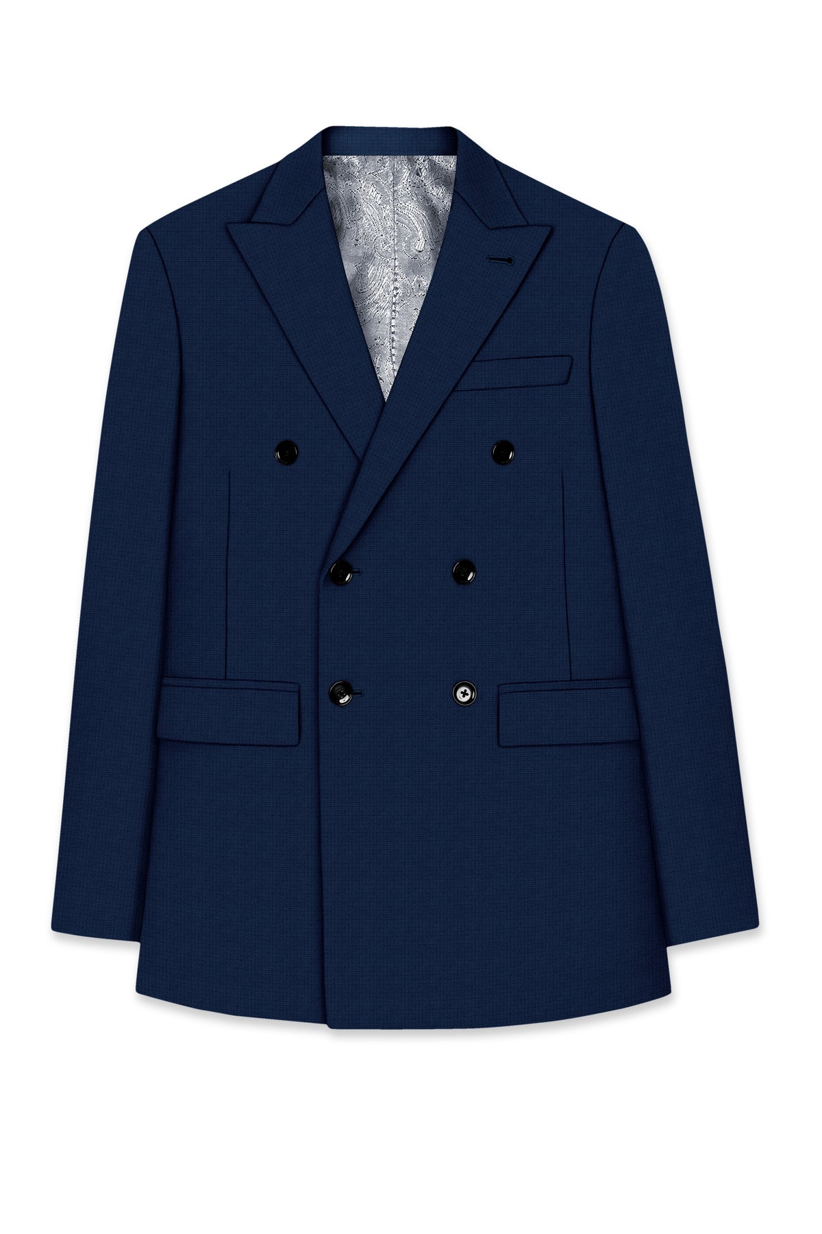 Regent-Ebony Blue Diamond Textured Wool Rich Slight Stretch Double Breasted Suit