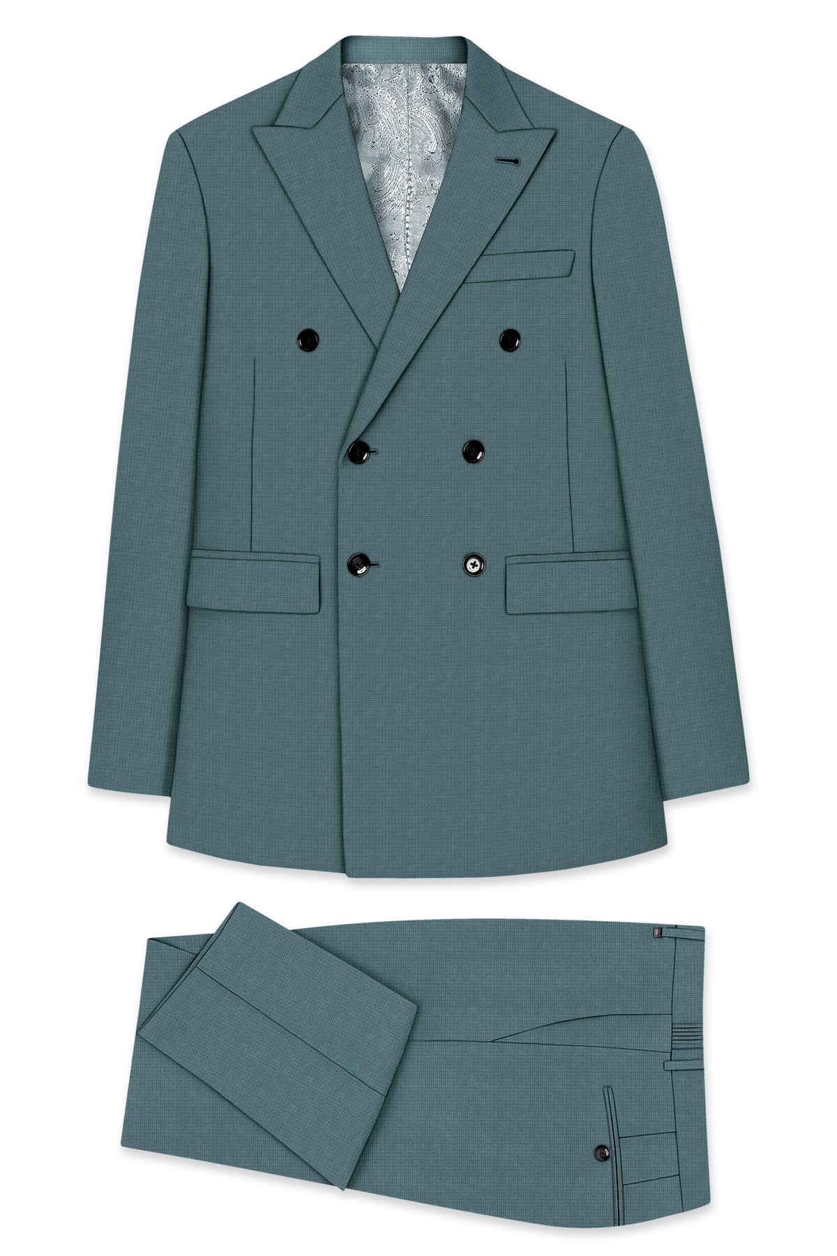 Viridian-Beetle Green Diamond Textured Wool Rich Slight Stretch Double Breasted Suit