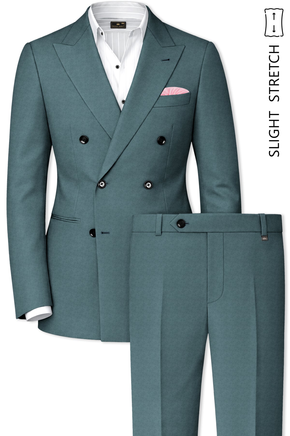 Viridian-Beetle Green Diamond Textured Wool Rich Slight Stretch Double Breasted Suit