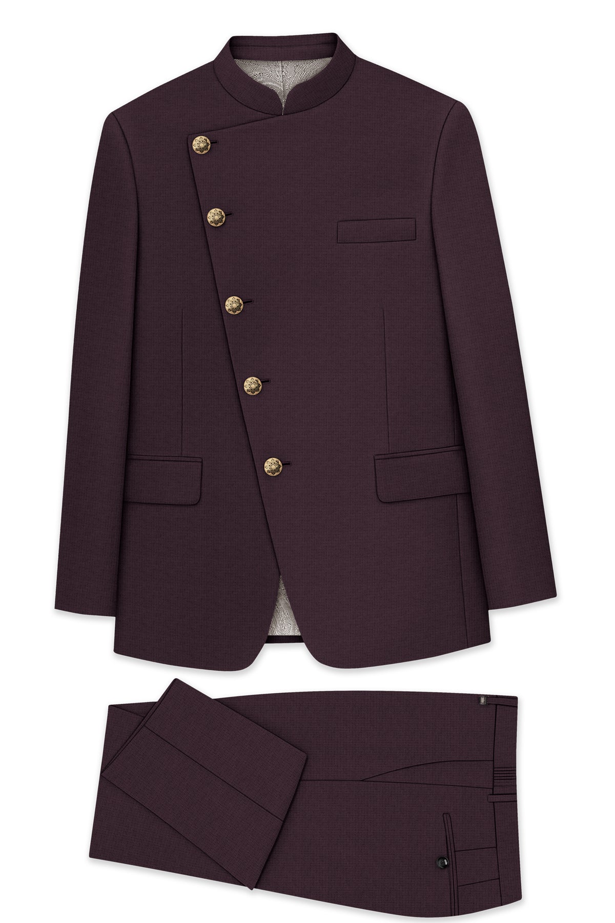 Velaris-Thunder Purple Diamond Textured Wool Rich Slight Stretch Cross Placket Bandhgala Suit